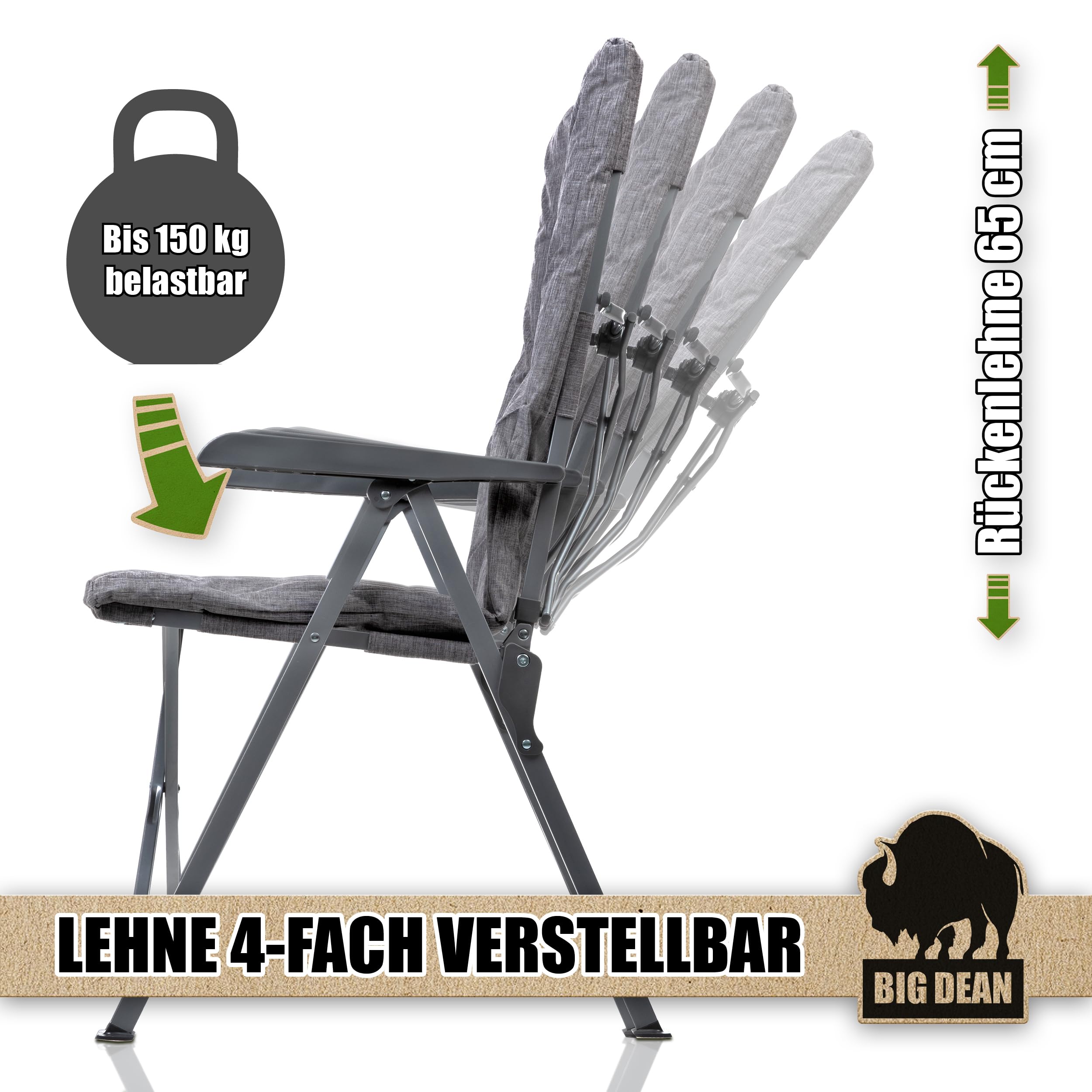 BigDean Bequemer Campingstuhl faltbar Rückenlehne verstellbar