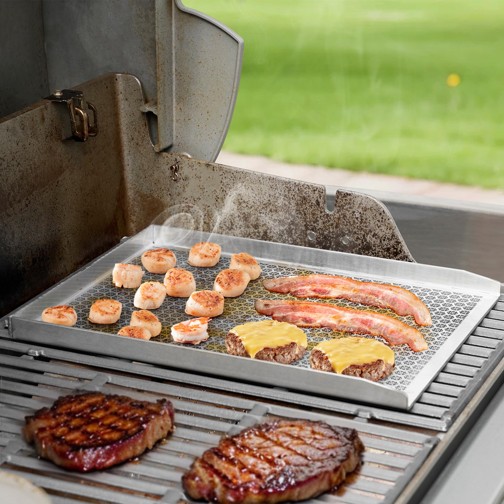 onlyfire Piastra per Barbecue con Rivestimento Antiaderente a Nido d'Ape, Piastra in Acciaio Inossidabile per La Maggior Parte delle Griglie a Gas e A Carbone, Rettangolare Plancha, 40×30 cm