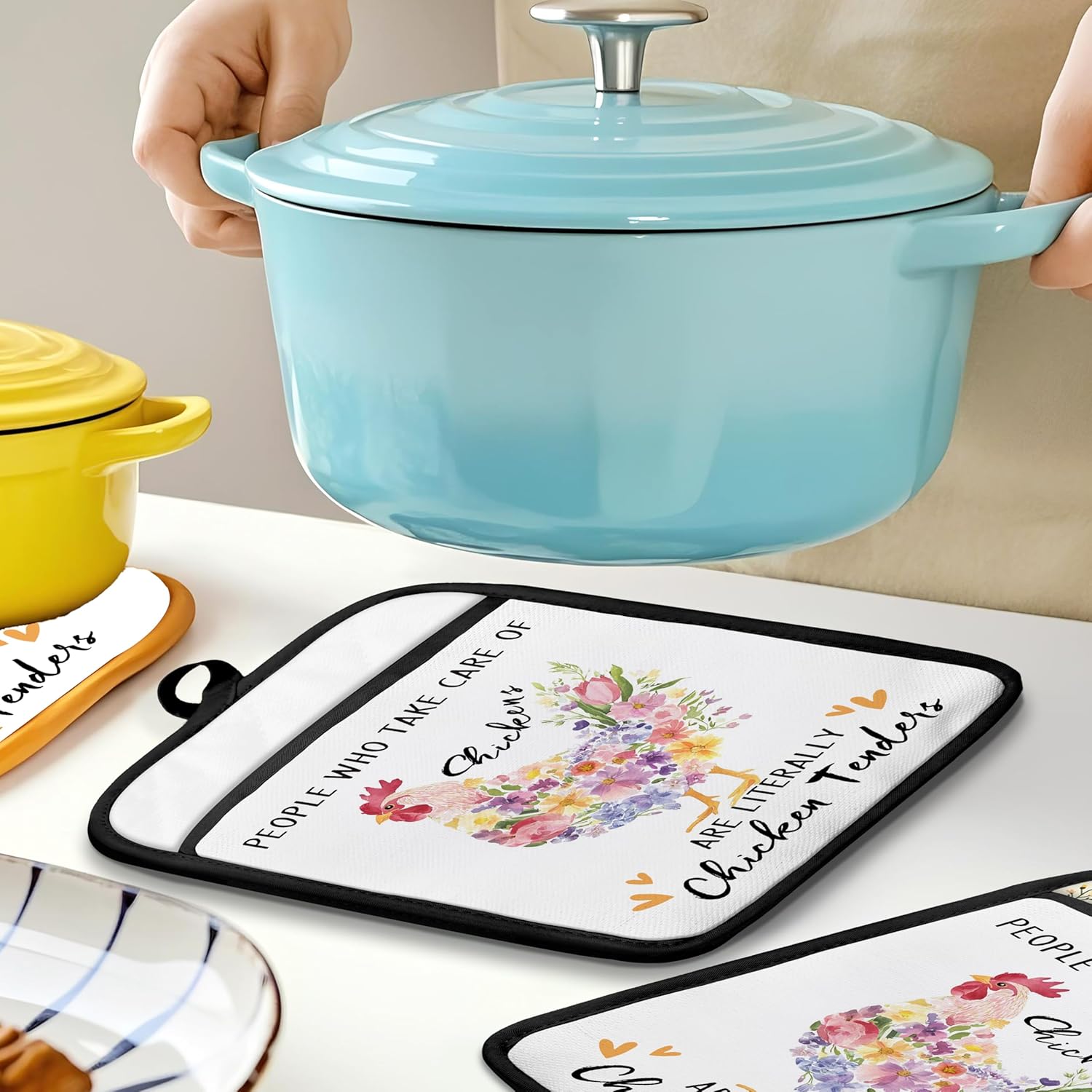 Wildflower Chicken Pot Holders for Kitchen, Chicken Lover Mom Gifts, Rustic Cottagecore Floral Rooster Hen Heat Resistant Hot Pads and Oven Mitts for Baking Cooking - Image 5