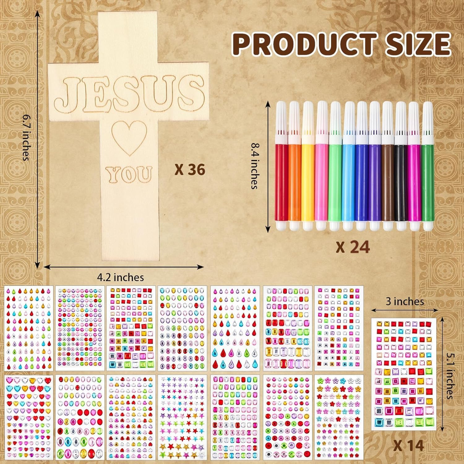 36 Pieces Wood Cross Crafts for Kids DIY Wooden Cross for Christian Jesus Sunday School Vacation Bible School Crafts Supplies with 14 Pieces Stickers and 24 Pieces Watercolor Pens (Classic Style)