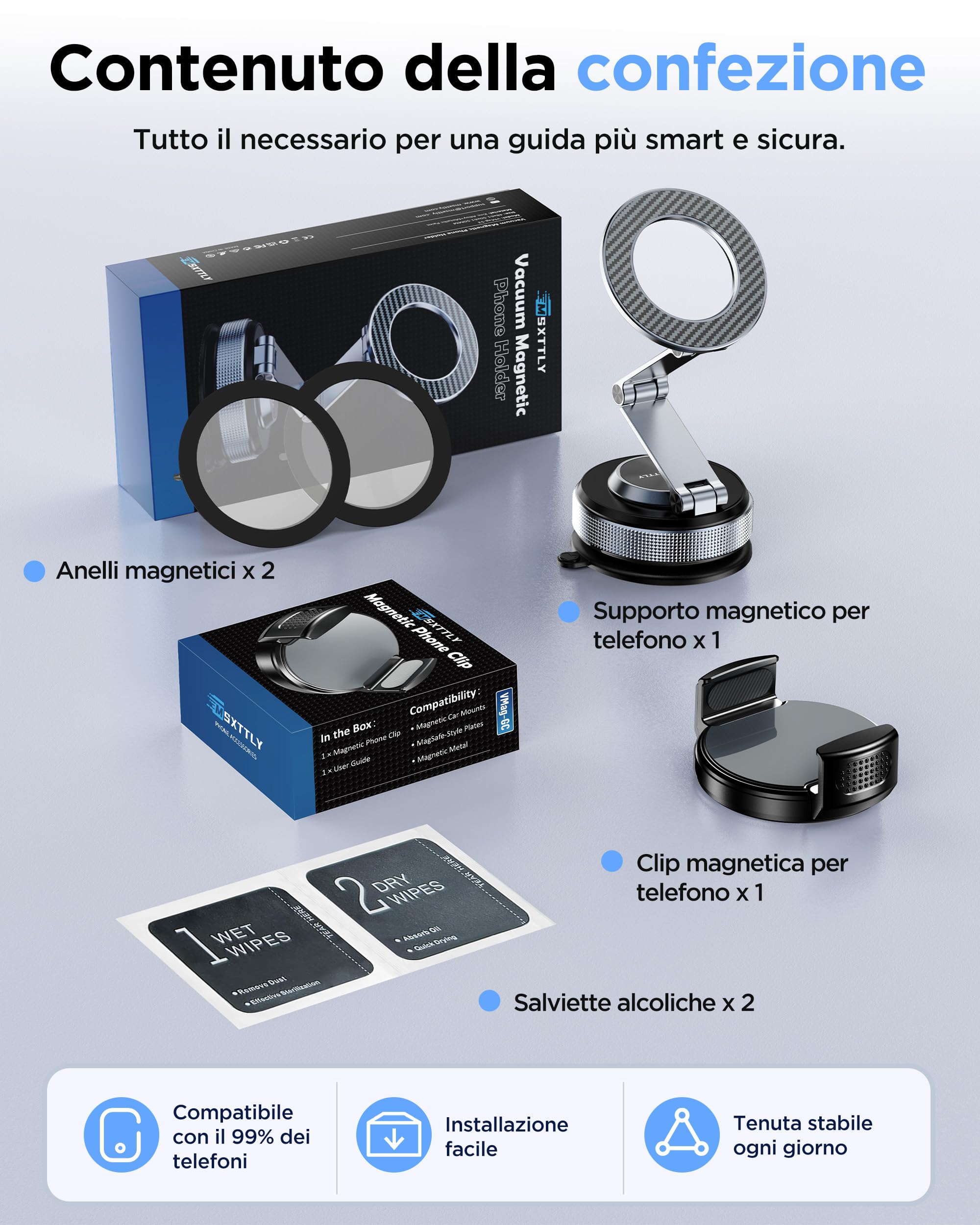 MSXTTLY Supporto Magnetico Auto con Clip Adattatore, Vmag-S3 Braccio Lungo + Clip, Senza MagSafe, Senza Anello, Posizione Flessibile, per iPhone e Android