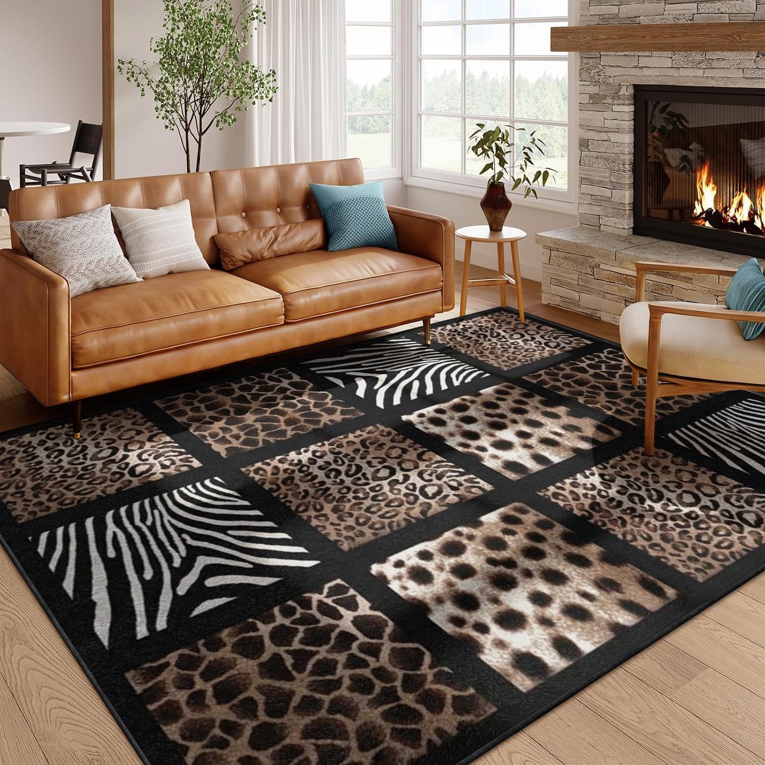Bycmuoz Leopard Zebra Print Area Rug for Living Room, 160x230cm, Black White Animal Pattern Carpet, Soft Washable Low Pile Rug, Non Slip Foldable Floor Mat for Bedroom Kitchen