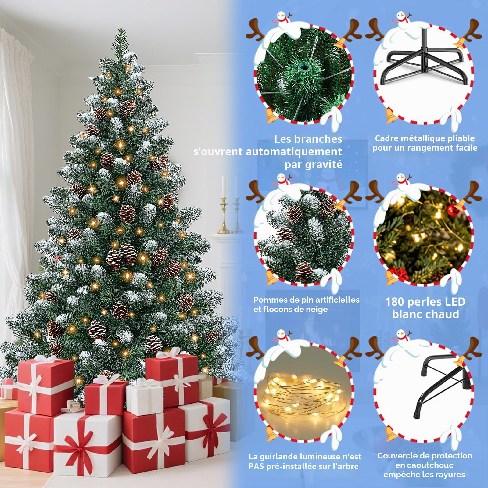 Sapin de Noël Lumineux 150 cm, Pommes de pin et 367 Branches, Sapin Artificiel en PVC avec Guirlande Lumineuse, 8 Fonctions Lumineuses, Support métallique, pour l'intérieur et l'extérieur