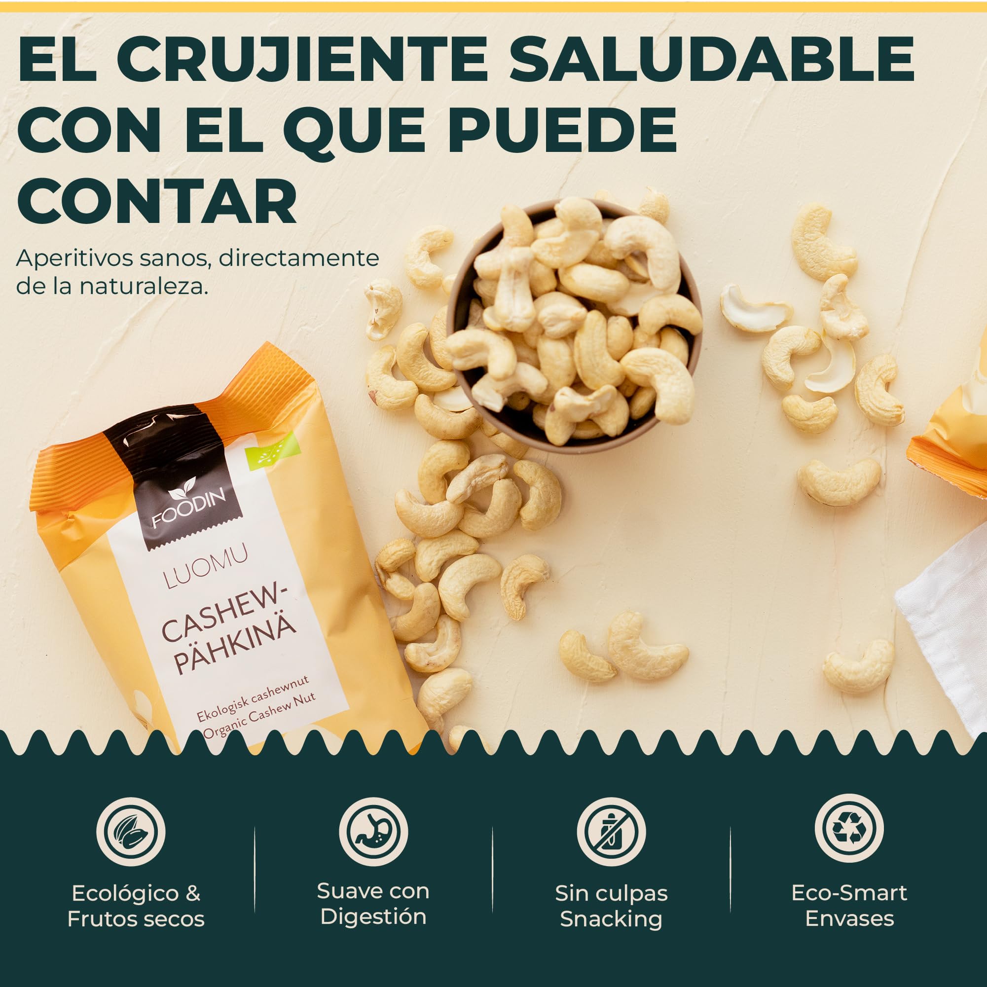 FOODIN Anacardos Orgánicos – Frutos Secos Naturales, Crudos, Sin Sal, Sin Gluten, Veganos – Fuente de Proteína y Grasas Saludables – Anacardos Enteros Ecológicos para una Alimentación Sana, (2x500g)
