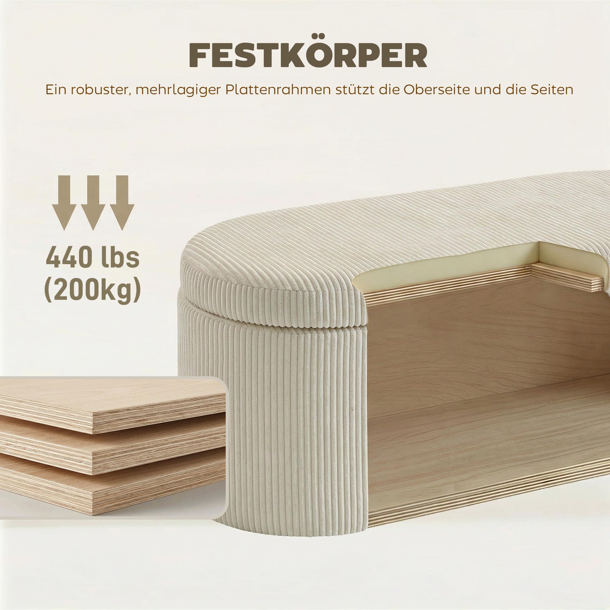 HOMCOM Sitzbank mit Stauraum Polsterbank 105 x 51 x 49 cm mit Holzrahmen, Streifenstruktur, Cord-Optik, Sitztruhe mit Doppelscharniere Bank bis 200 kg für Wohnzimmer, Schlafzimmer, Flur, Beige