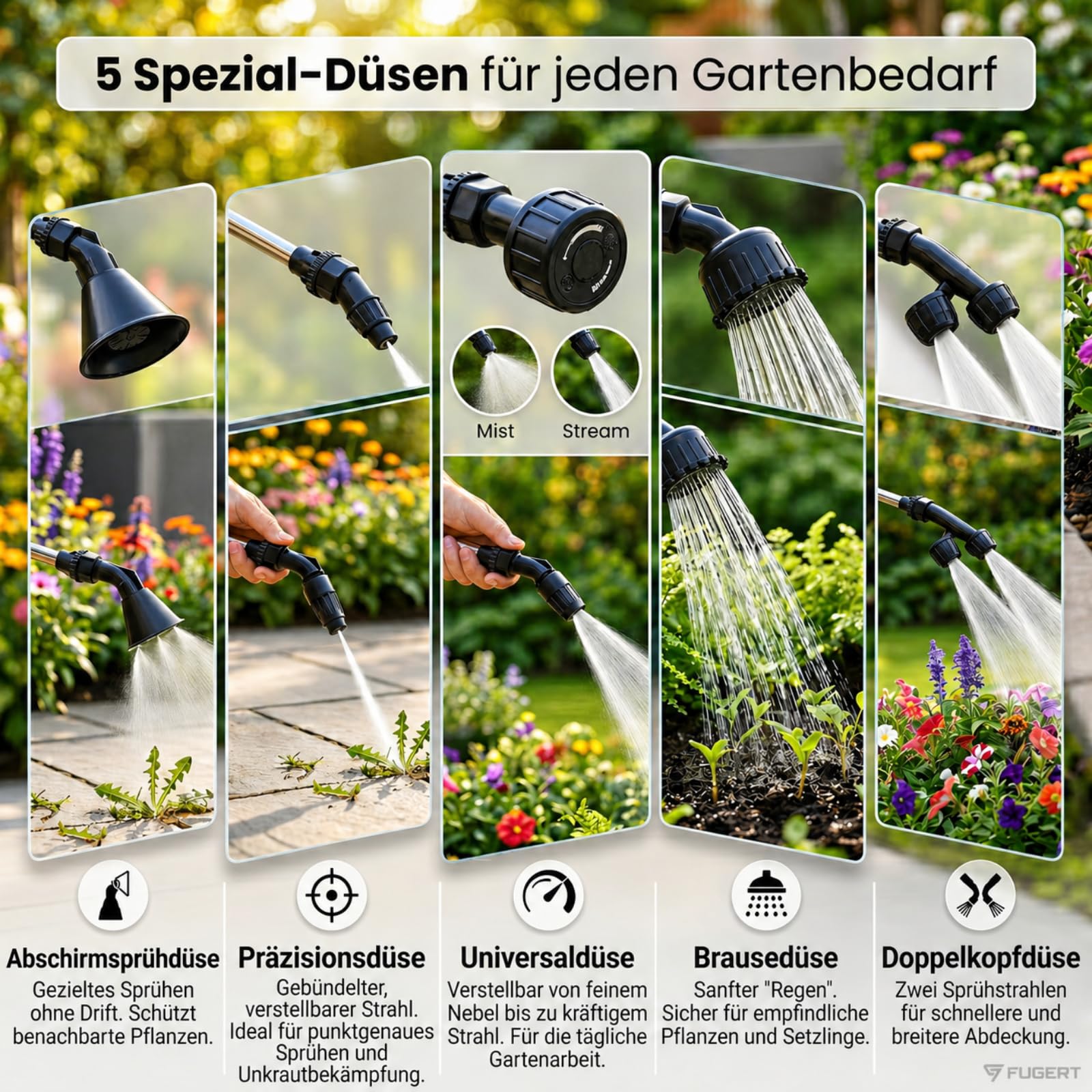 Akku Drucksprüher, elektrischer Gartensprüher mit USB-C, 3,5 Bar, Pflanzensprüher mit Teleskoplanze 27–49,5 cm, 5 Düsen, Schultergurt, Gartenspritze für Garten & Pflanzen (5L)
