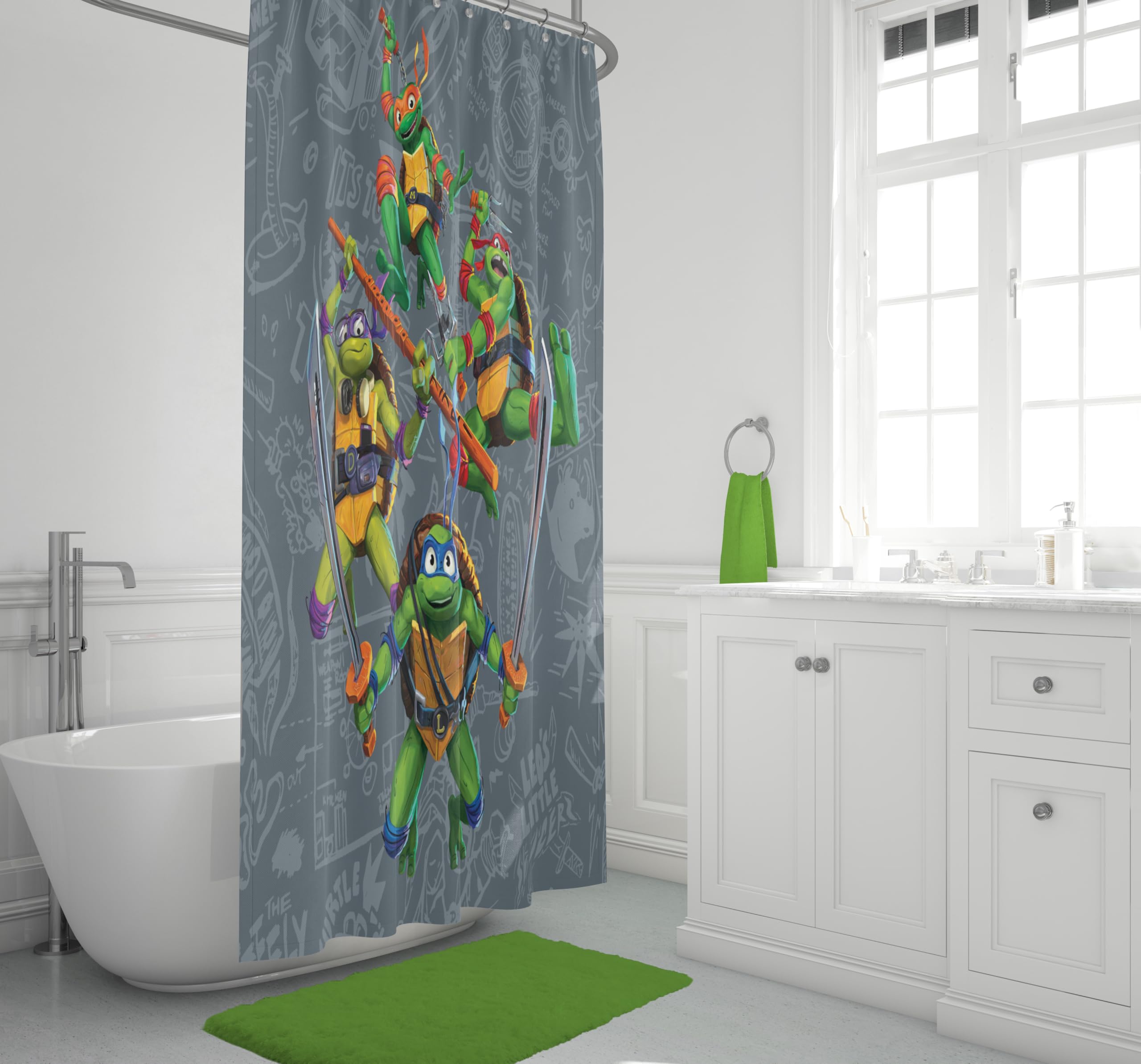 Jay Franco Nickelodeon Tenda da doccia in tessuto Tartarughe Ninja – Decorazione per bagno per bambini grigia con Leonardo, Raffaello, Michaelangelo e Donatello