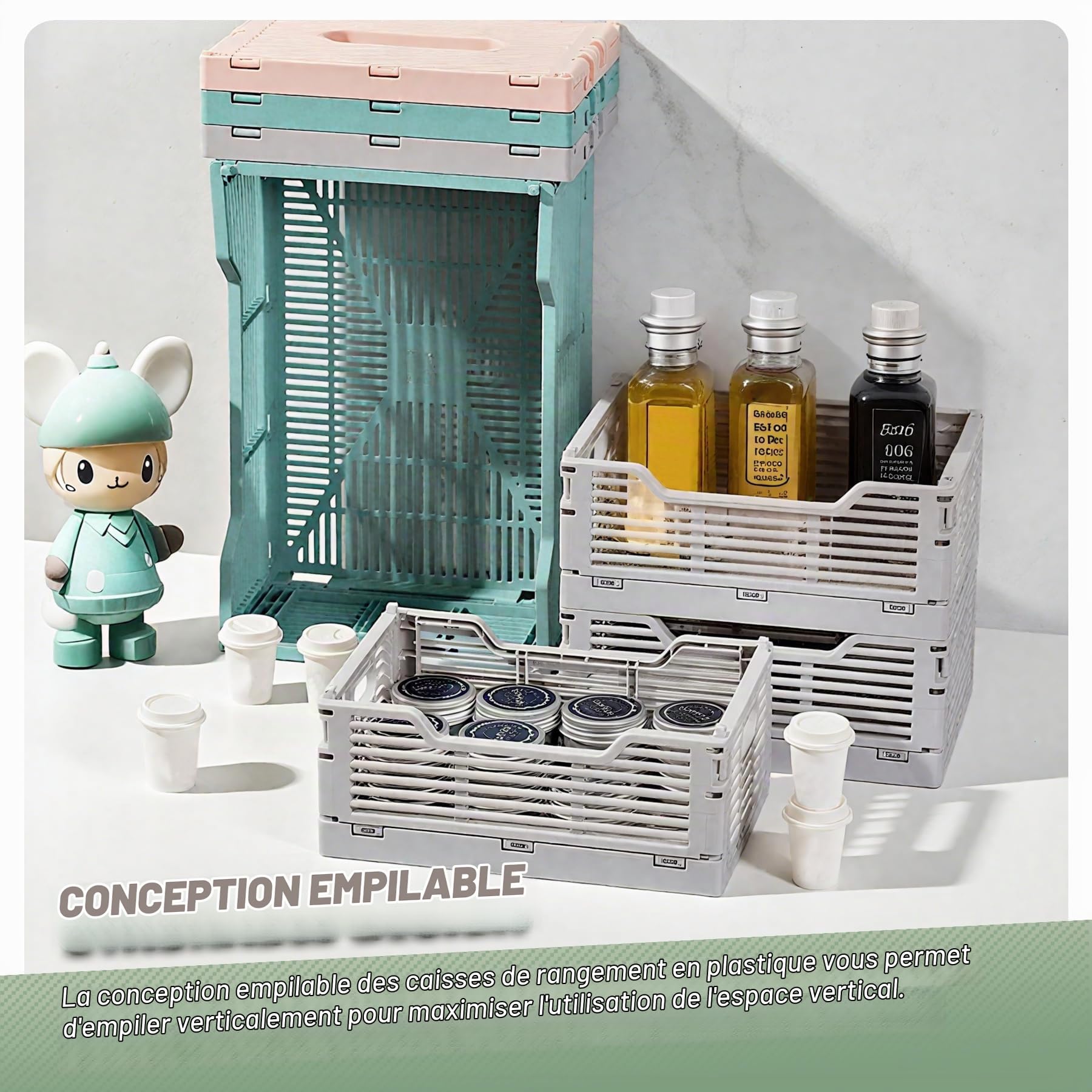 Lot de 2 boîtes de rangement pliables en plastique empilables pour la maison, la salle de classe, le bureau, la cuisine, la chambre à coucher (40 x 30 x 15,5 cm, gris)