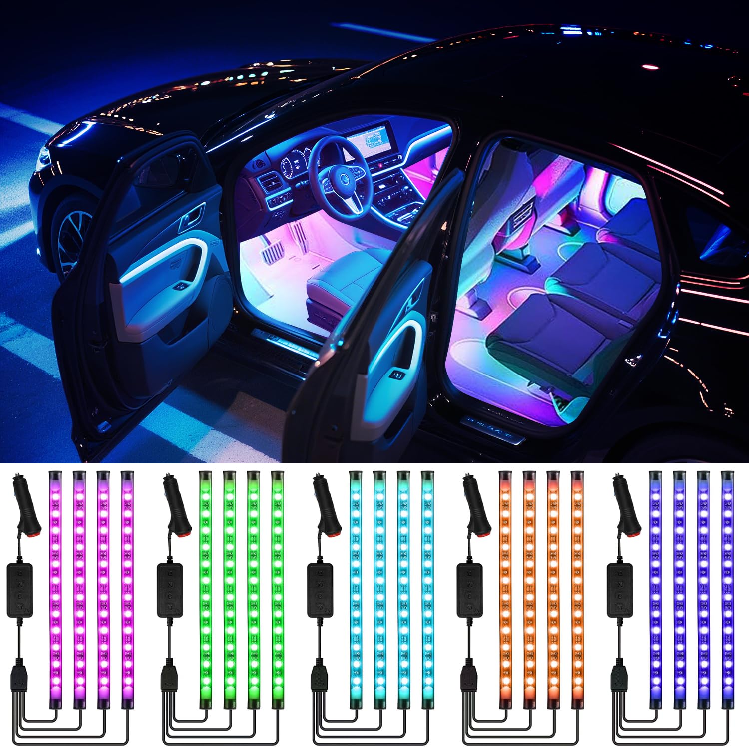 Tiras de luz LED para coche con control de aplicación inteligente de 4 hilos, kit de 72 luces LED multicolor con sincronización de música para coches, camiones, SUV a través de encendedor de