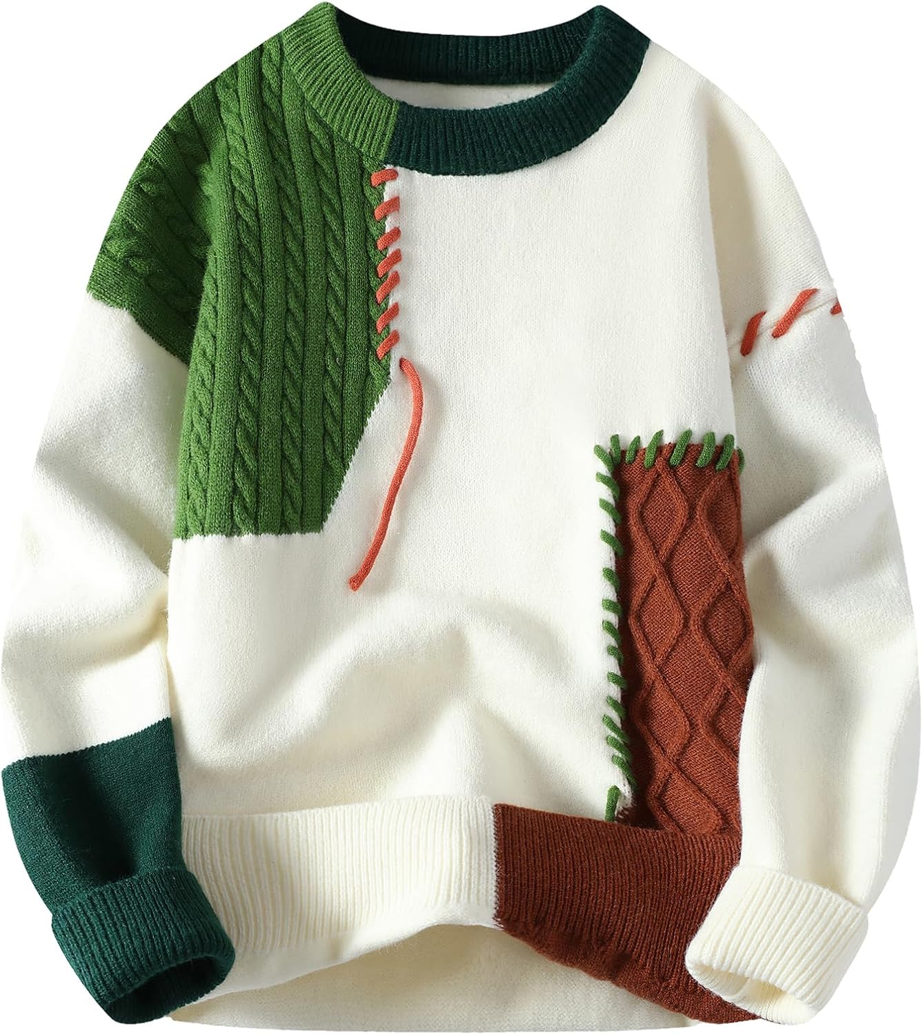 GURUNVANI Patchwork Sweater Mens Colorblock Jumper Cable Knitted Pullover Oversized