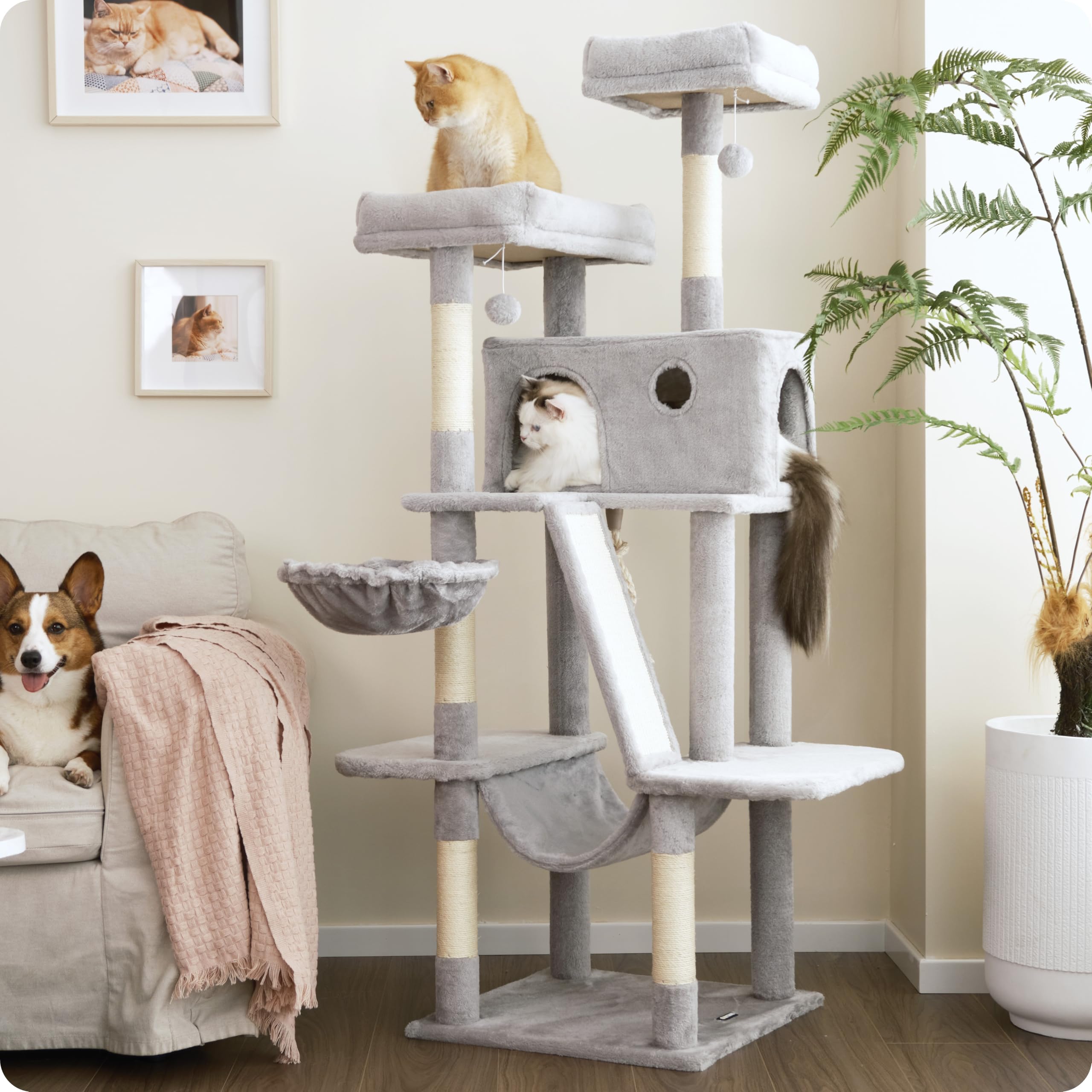 Ouritsu Cat Tree, 61 inch Tall Cat Tower for Large Cat Indoor, Enlarged Condo, 2 Padded Perches with 1 Widened, Large Hammock, Scratching Post and