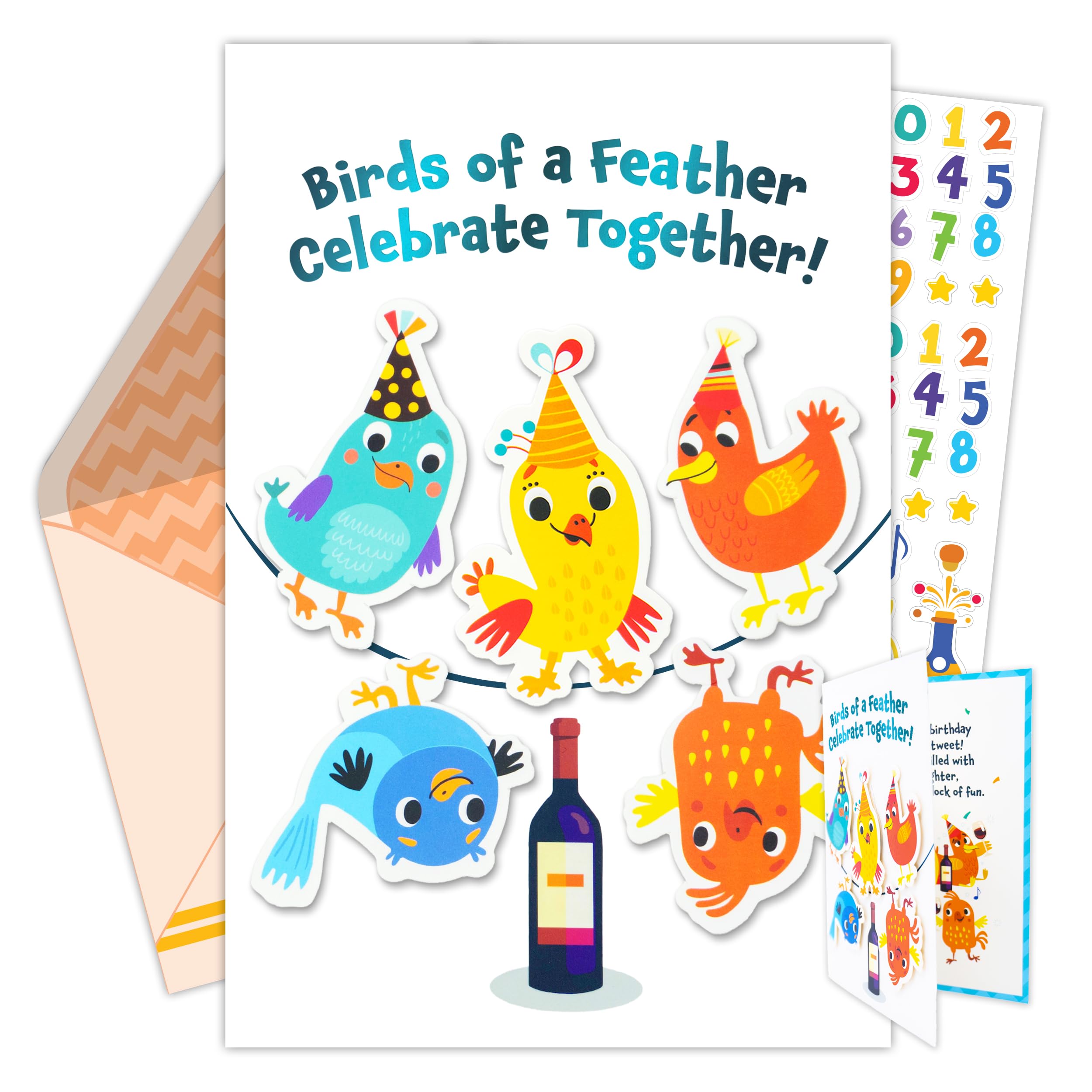 Decorably Blue Foiled 5x7in Handmade Individual Humorous Bird Birthday Card with Colorful Cutouts, Envelope and Stickers for Man, Woman, Printed