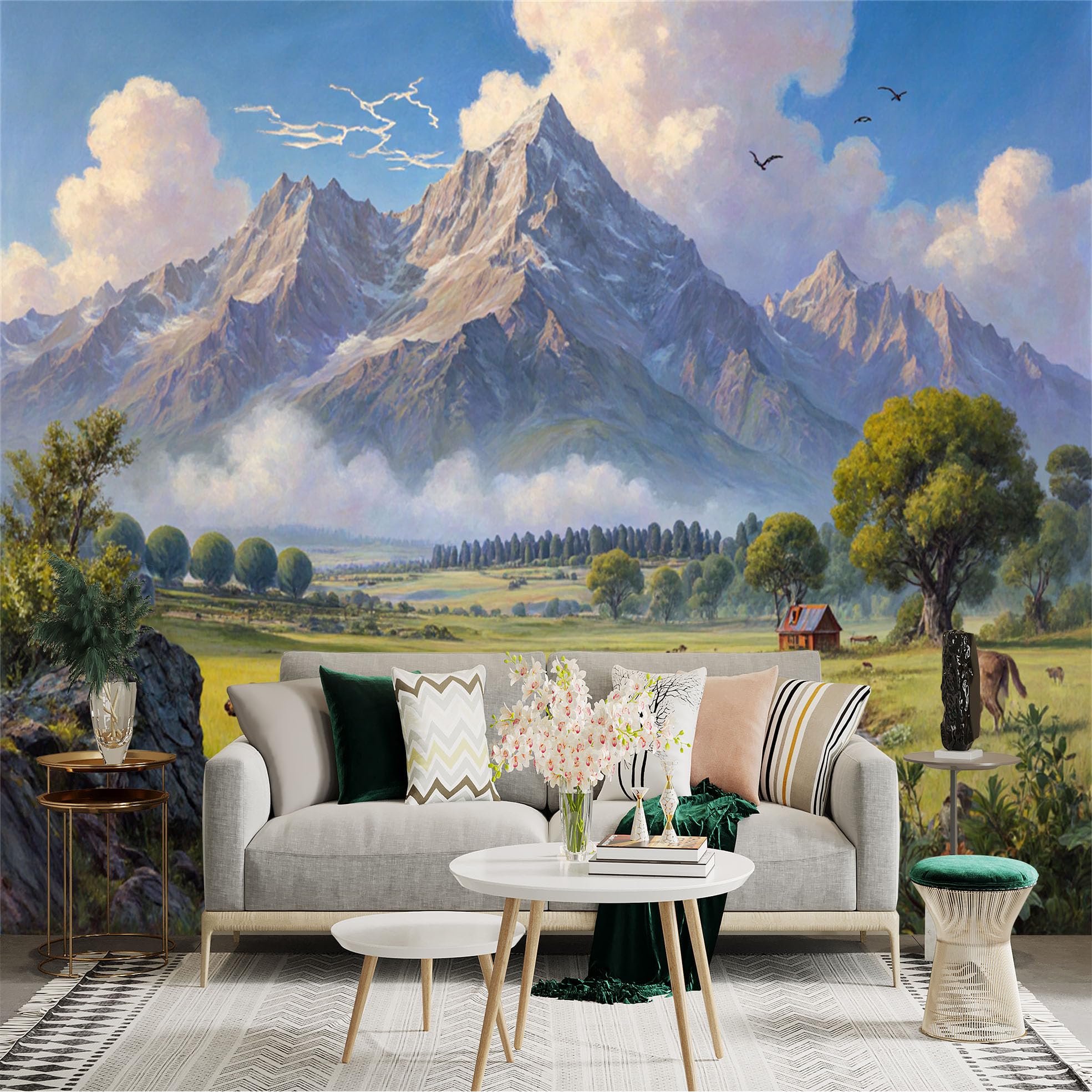 Lnzczhyre Xc260505775 Custom Size Wall Sticker Mural， Majestic Mountain Peak， Serene Meadow With Small Creek， Wild Animals In Nature Landscape， For Wall Decoration， Peelandstick Wall Decals.
