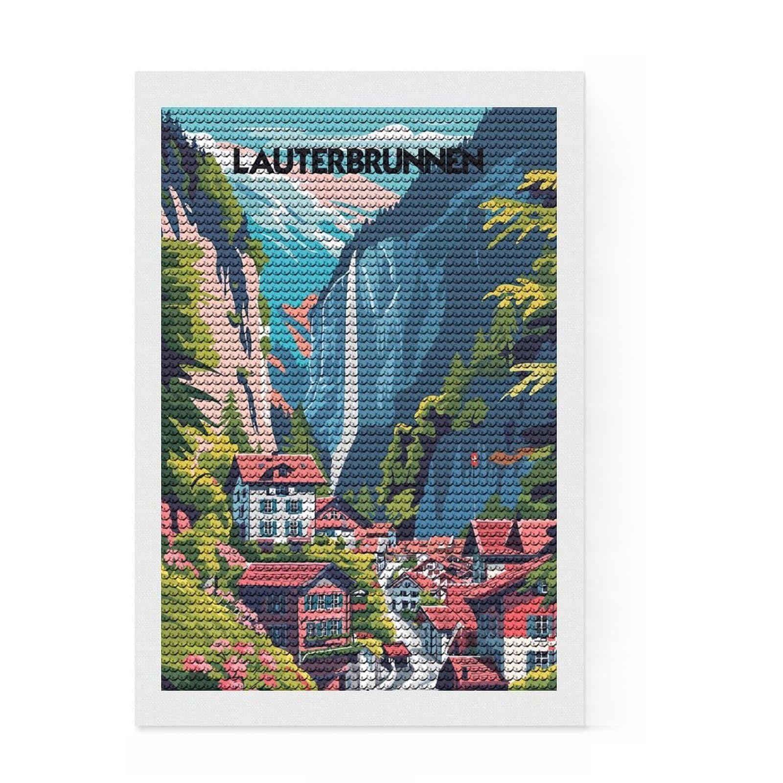 Junmoney Lauterbrunnen Beauty Diamond Art Canvas 8"x12", Finish and Display, Sparkling Round Gems, Easy Handmade Project, Home Wall Decor