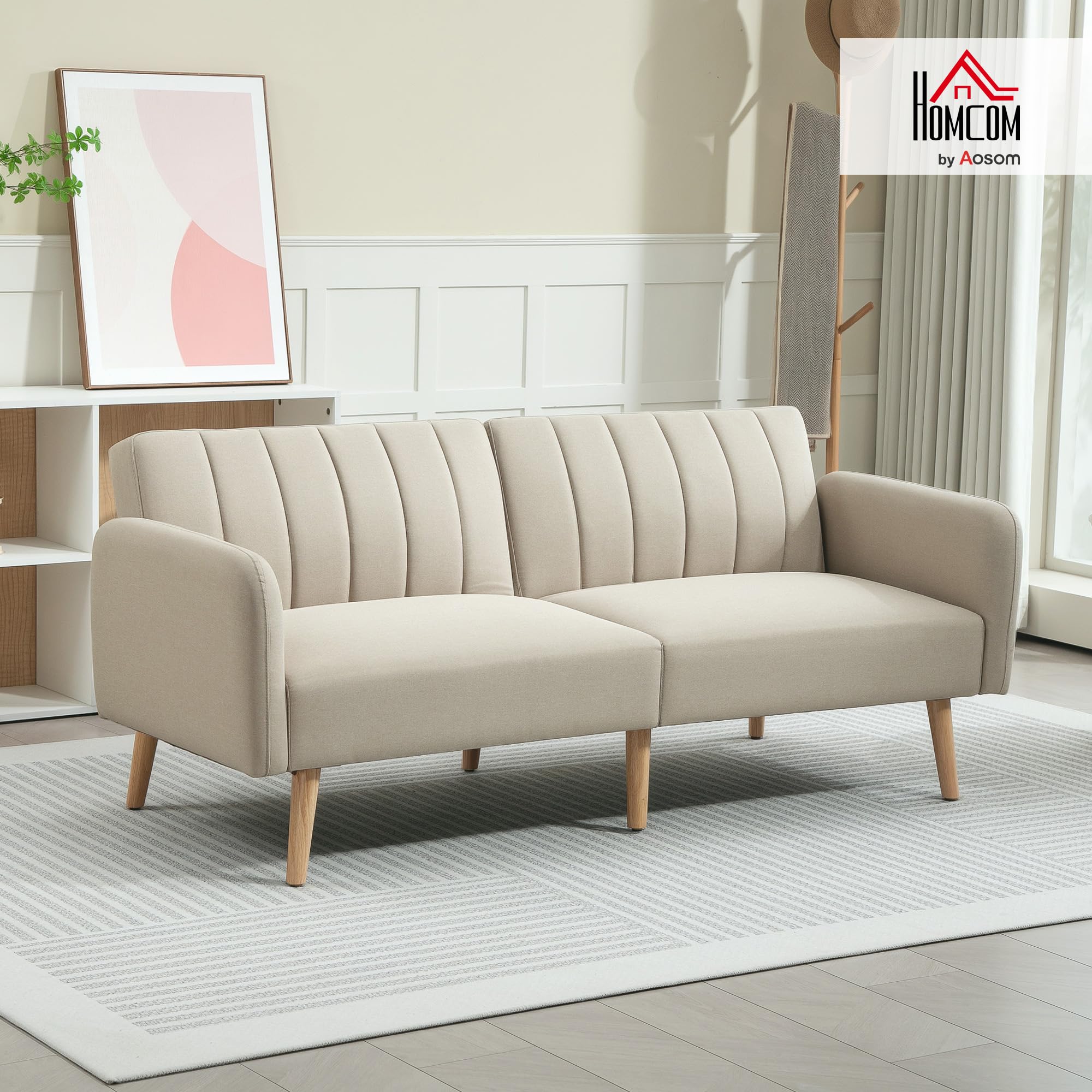 HOMCOM Canapé Convertible 2 Places Design scandinave Dossier inclinable 3 Positions Pieds Bois Tissu Aspect Lin Beige