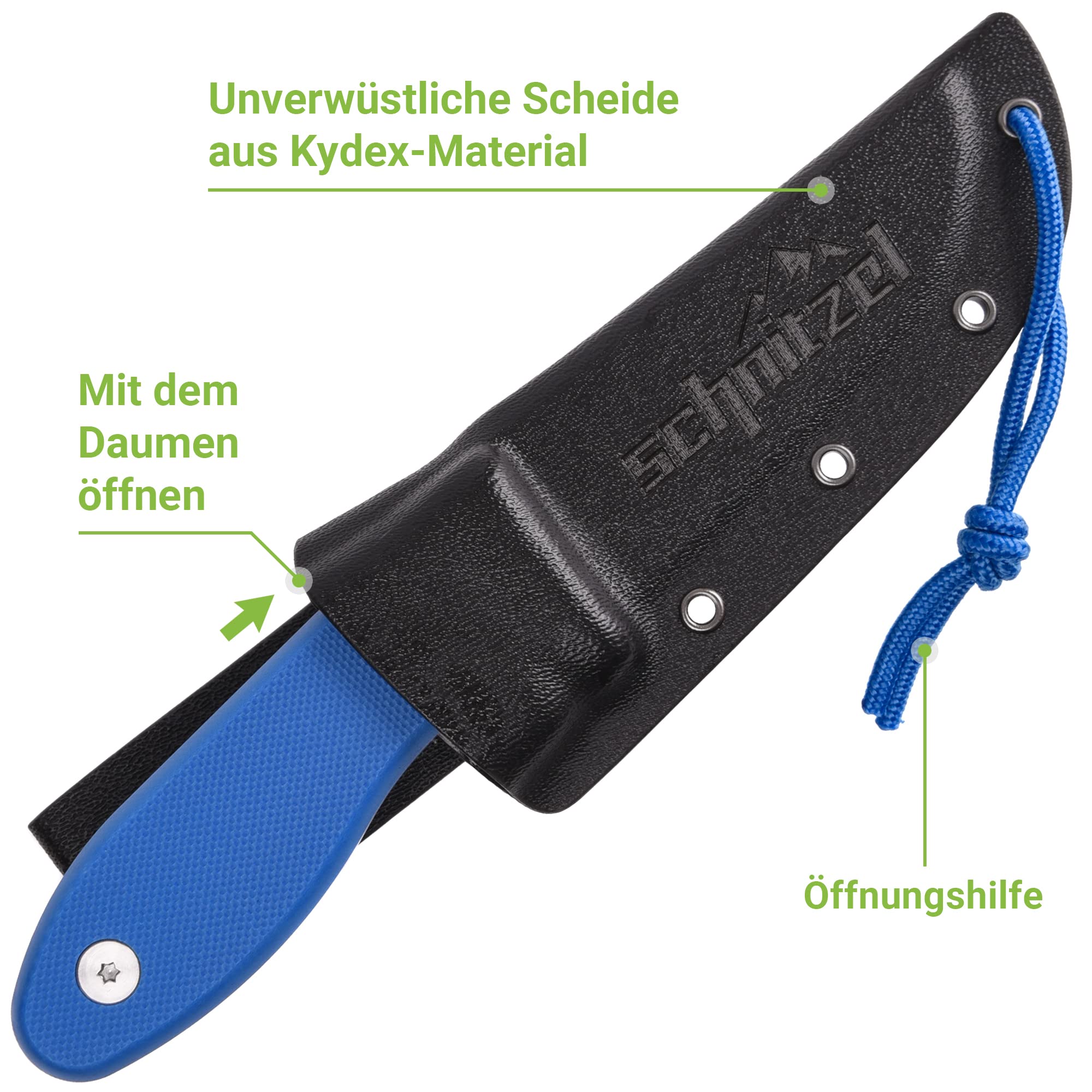 SCHNITZEL UNU, Kindermesser Schnitzmesser und Outdoormesser für Kinder, scharf mit Kydex Scheide und Gürtelhalterung, div Farben (Blau)