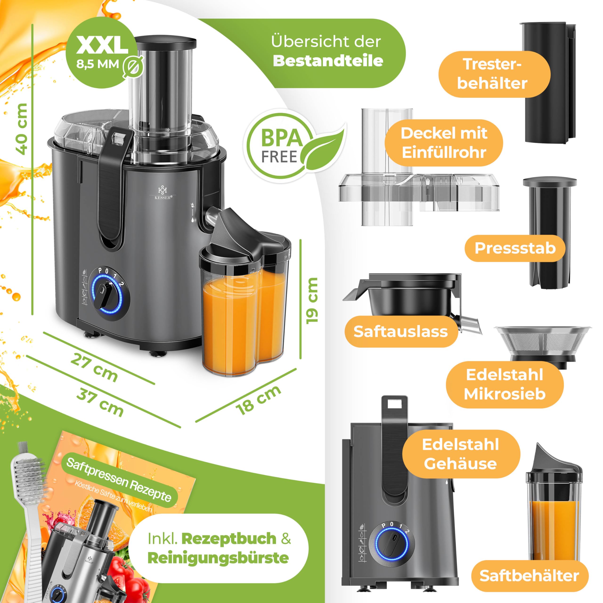 KESSER® Extracteur de Jus Fruits Légumes en Acier Inoxydable 1100W Grand Tube d'alimentation 3 Niveaux Presse-Juices Electrique Presse-Juice + Brosse, Porte-Juis, Livre de Recettes, Anthracite