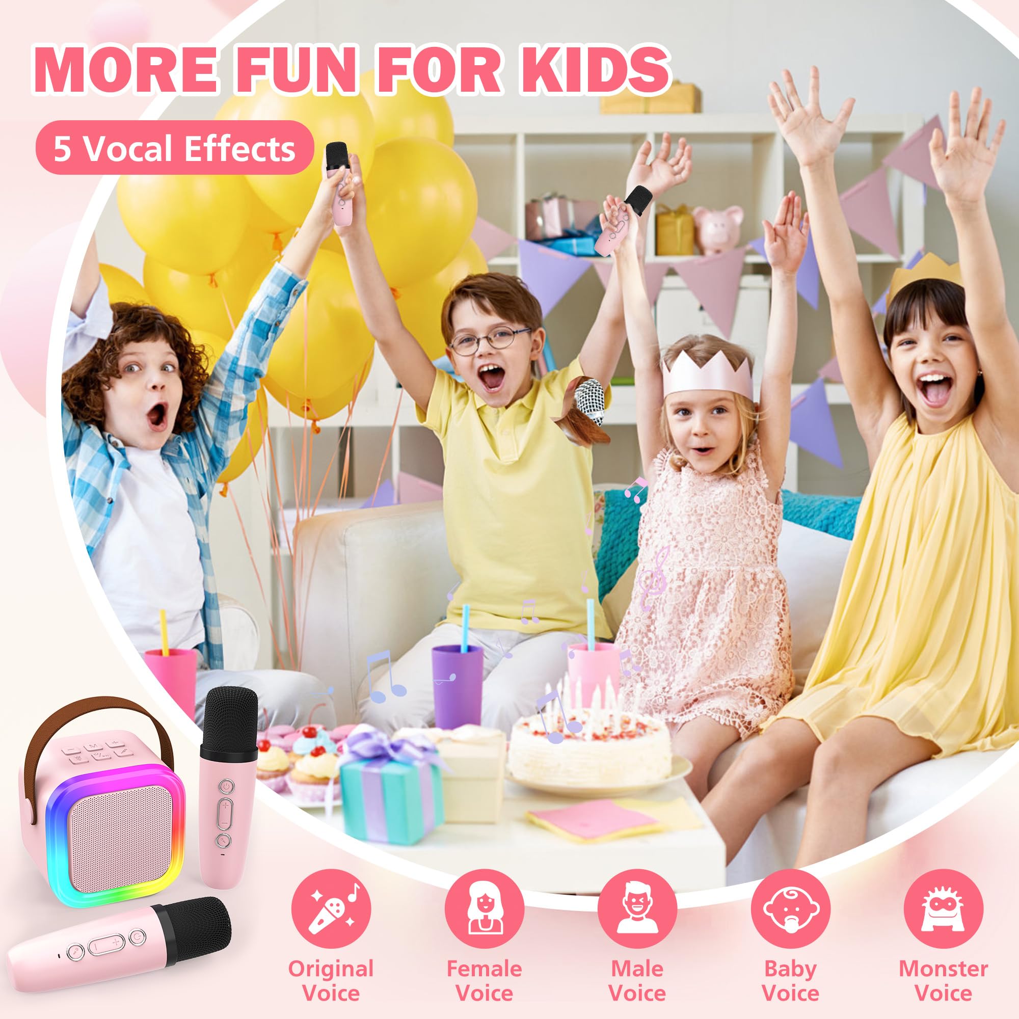 Koolcover Mini macchina per karaoke per bambini e adulti, altoparlante Bluetooth portatile con 2 microfoni wireless, giocattoli regalo di compleanno per ragazze dai 4, 5, 6, 7, 8, 9, 10 + feste in