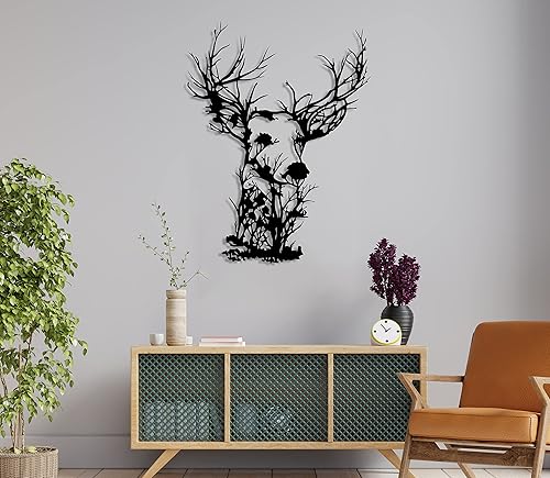 Arte de pared de metal de ciervo con vista de la naturaleza decoración de pared de árbol de cabeza de ciervo arte de pared de granja de vida