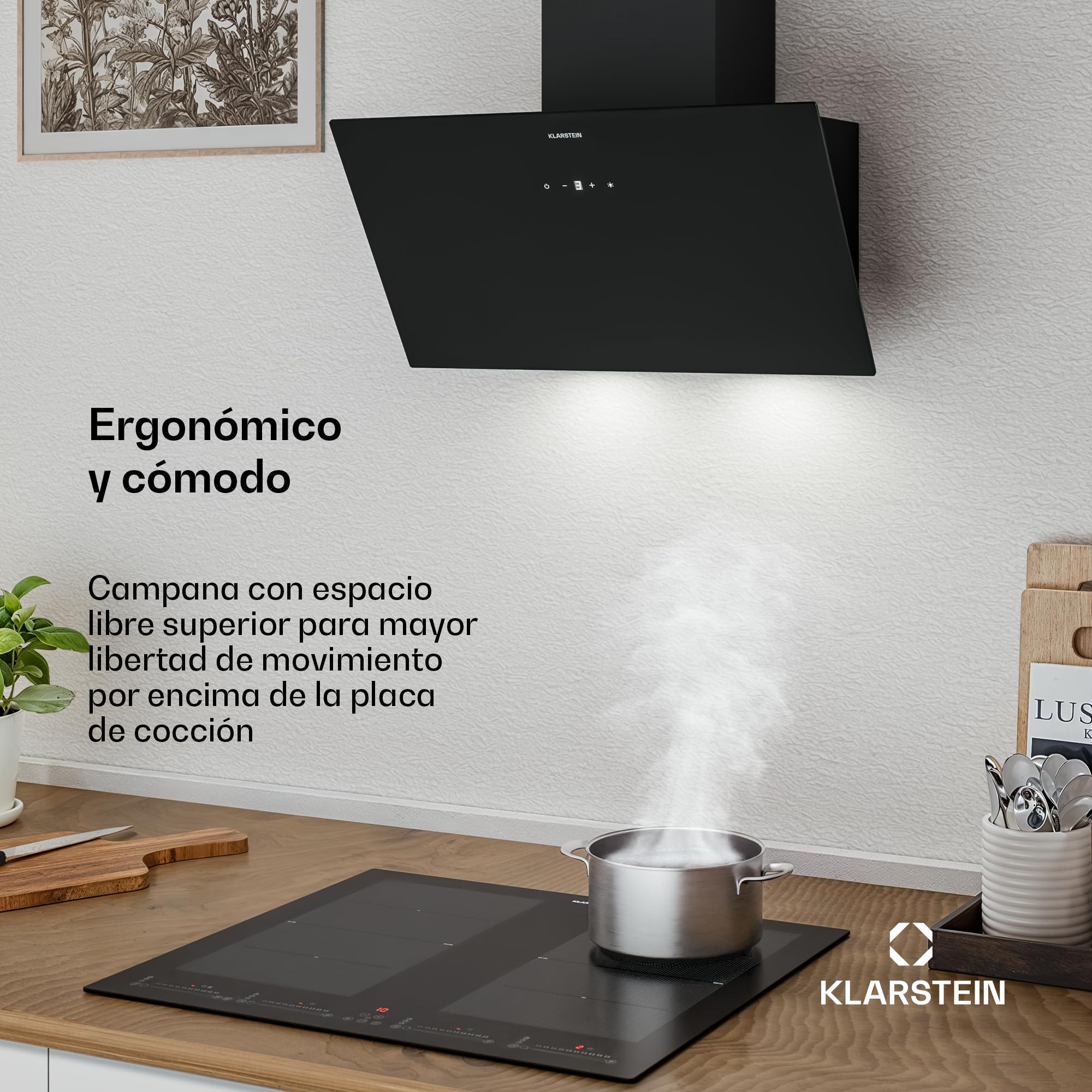 Klarstein Laurel Campana Extractora 60 cm - Angular, 417 m³/h, A+++, LED, 3 Velocidades & Boost, Filtro Carbón, Táctil, Recirculación o Extracción, Campana Extractora Decorativa Cocina, Negro