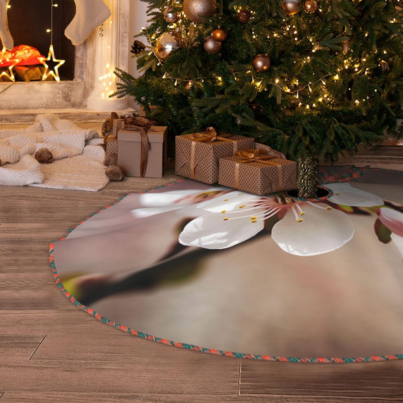 Cherry Blossom Christmas Tree Skirt 30" Artificial Tree Mat Cover Merry Christmas Burlap Xmas Tree Skirt for Christmas Decoration Holiday Indoor Outdoor Winter Party Decor