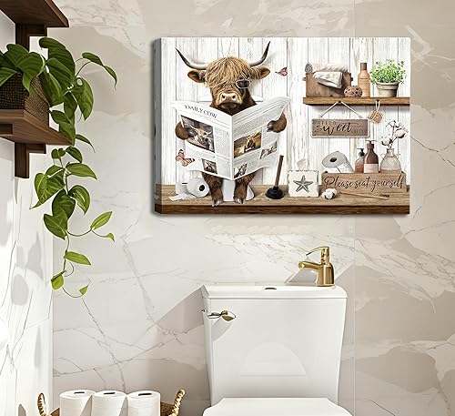 Miniatura 3 de Divertido arte de pared de baño de vaca de las tierras altas, rústico, color marrón, lindo animal, pintura, imagen, decoración de pared, ganado de