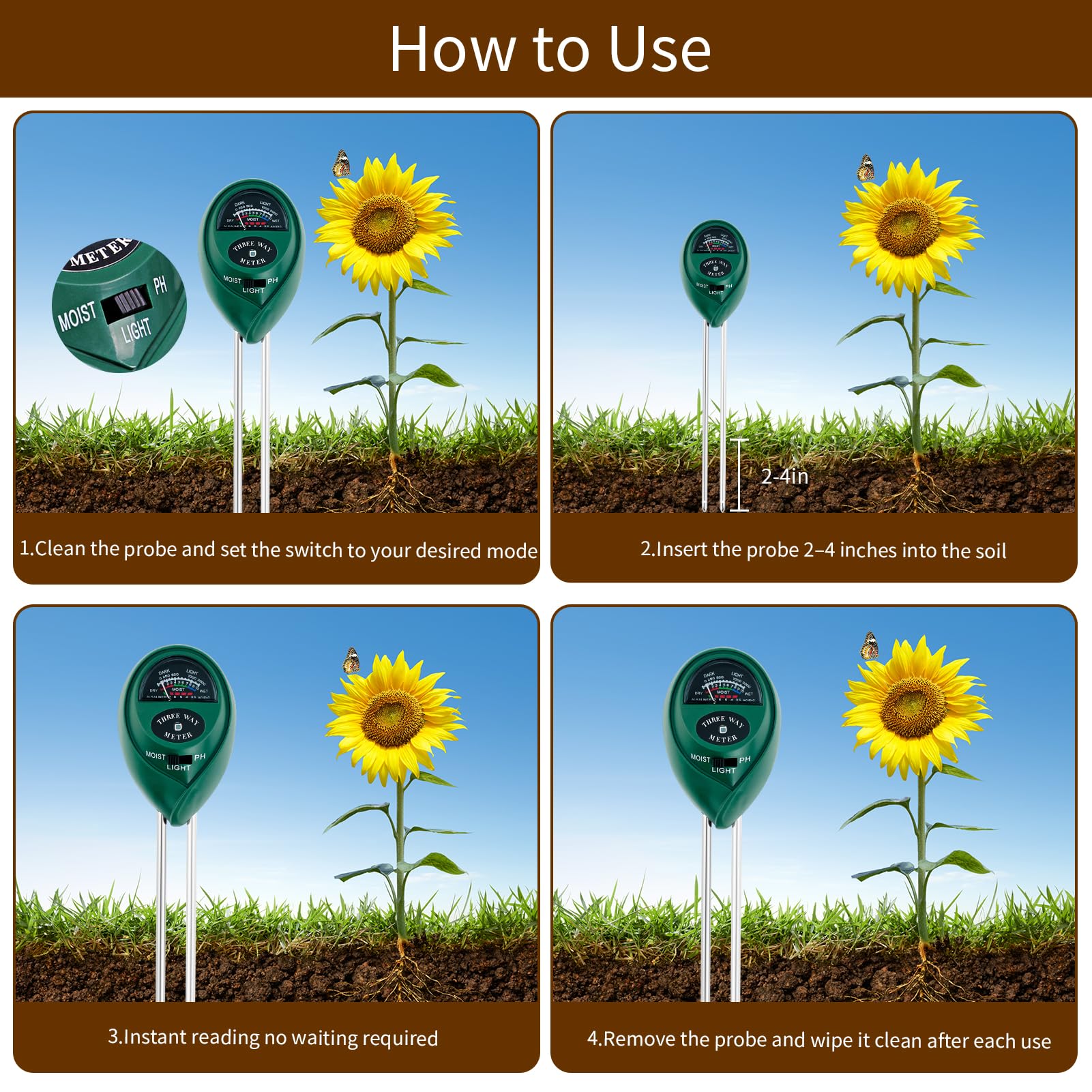 Medidor de pH 3 en 1 para medir la humedad del suelo, medidor de luz solar del suelo, indicador de riego de plantas, kit de prueba de suelo para jardín, granja, kit de prueba de suelo preciso