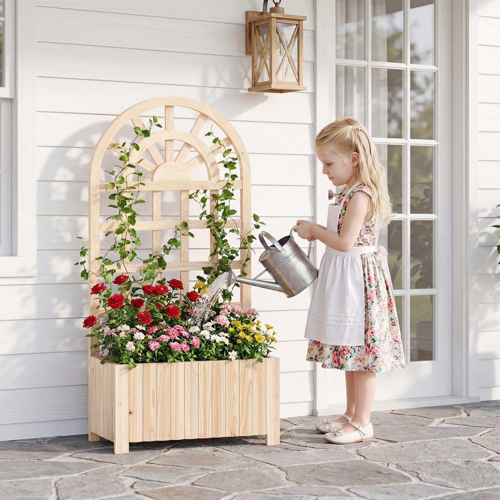 COSTWAY Jardinière en Bois avec Treillis, Lit de Jardin Surélevé avec Écran d'Intimité et Trous de Drainage, Bac à Fleurs d'Extérieur pour Plante Grimpante Fleurs Légumes, 61 x 30 x 121 cm (Naturel)