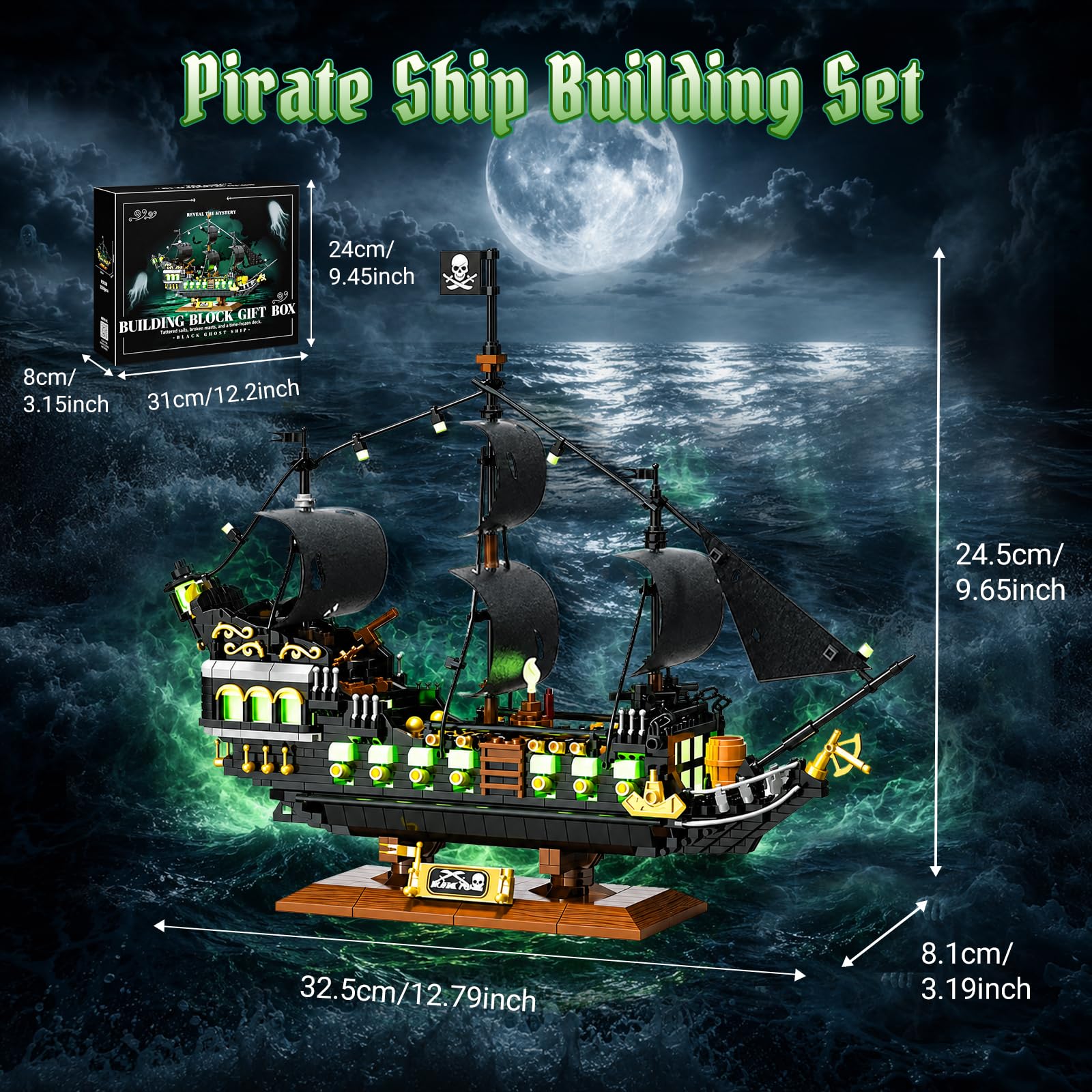 Set di mattoncini Nave Pirata Luminosa | modello notturno decorativo per adulti, kit creativo regalo per ragazzi e ragazze a partire da 14 anni (1576 pezzi)