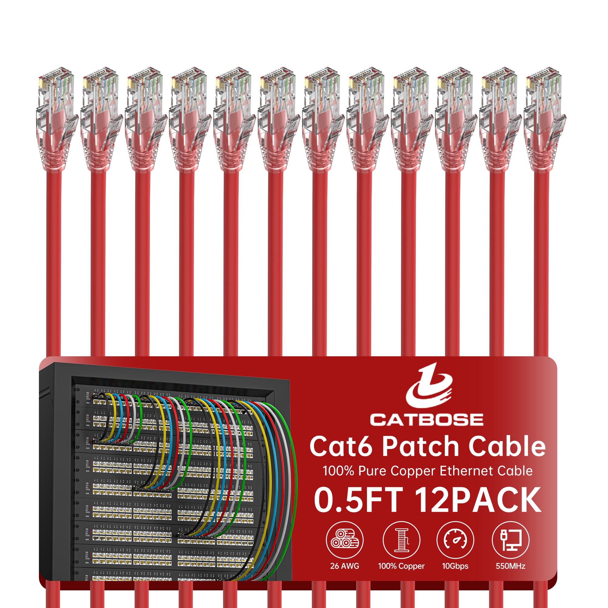 0.5 Foot Cat6 Patch Cables(12 Pack), Solid Pure Copper Patch Cord, Cat 6 Ethernet Cable, UTP Network, High Speed RJ45 Internet Cables, Compatible for