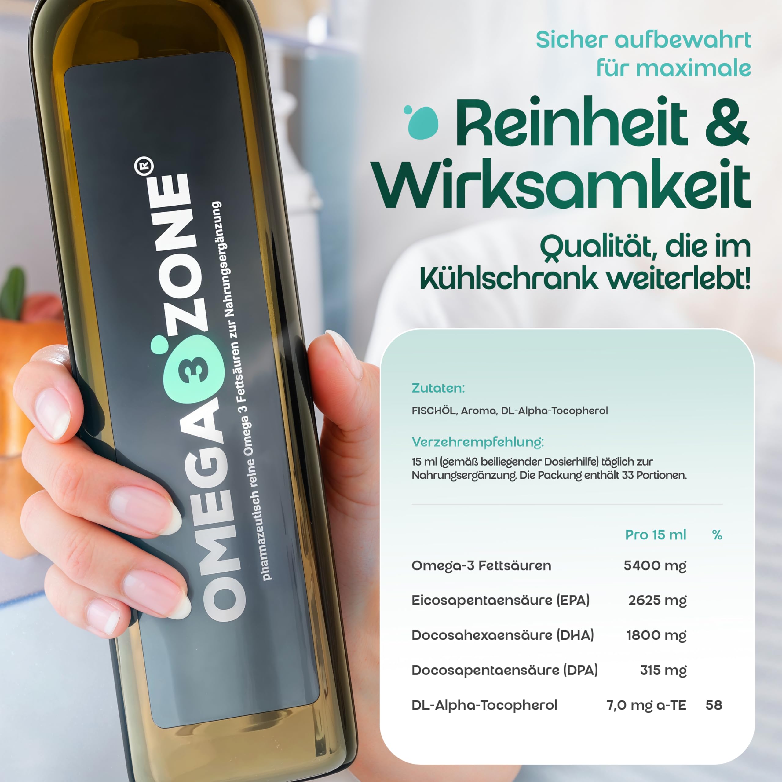 omega3zone Hochdosiertes Omega 3 Fischöl flüssig - 5400 mg pro Portion - Premium Fish Oil - Laborgeprüfte und essentielle Fettsäuren aus Deutschland – 500 ml Zitrone