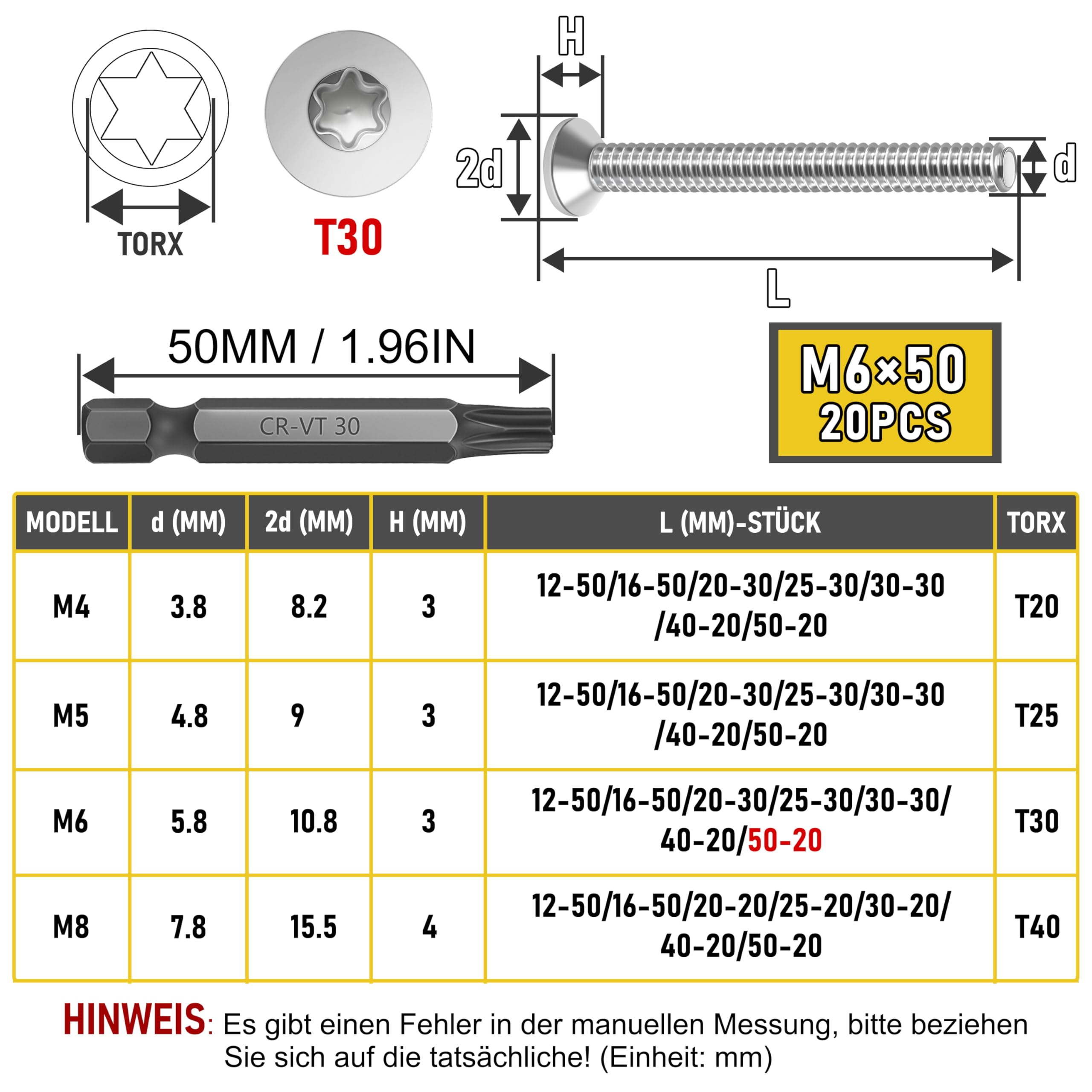 20 viti a testa svasata M6 x 50 mm, a esagono incassato in acciaio inox A2 V2A, con chiave Torx, testa esagonale a norma ISO 14581/DIN 965, per macchinari, mobili, riparazioni