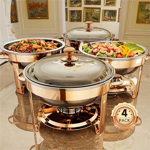 Miniatura 8 de Bandejas Calentadoras para Buffet, Paquete de 4 Bandejas Calentadoras Redondas de Acero Inoxidable de 5QT para Fiestas en Casa, Reuniones de