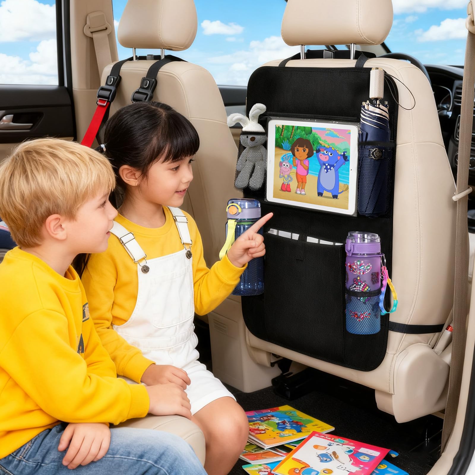 Zocipro 2 Stück Rückenlehnenschutz Auto Kinder, Autositz Organizer mit Tablet-Fach & 5 Taschen, Wasserdichter Auto Organizer