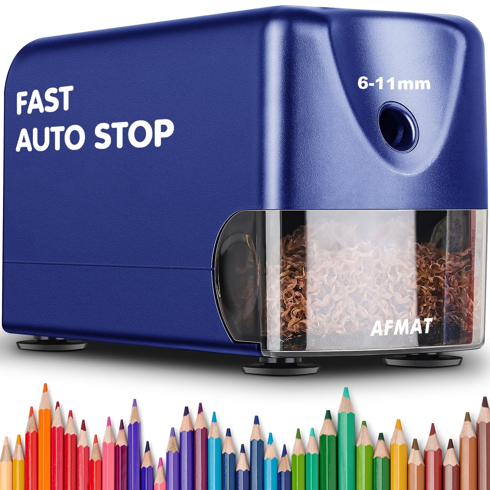 AFMAT - Sacapuntas eléctrico de alta resistencia para lápices de colores de 6 a 11 mm, punta afilada, parada automática, azul