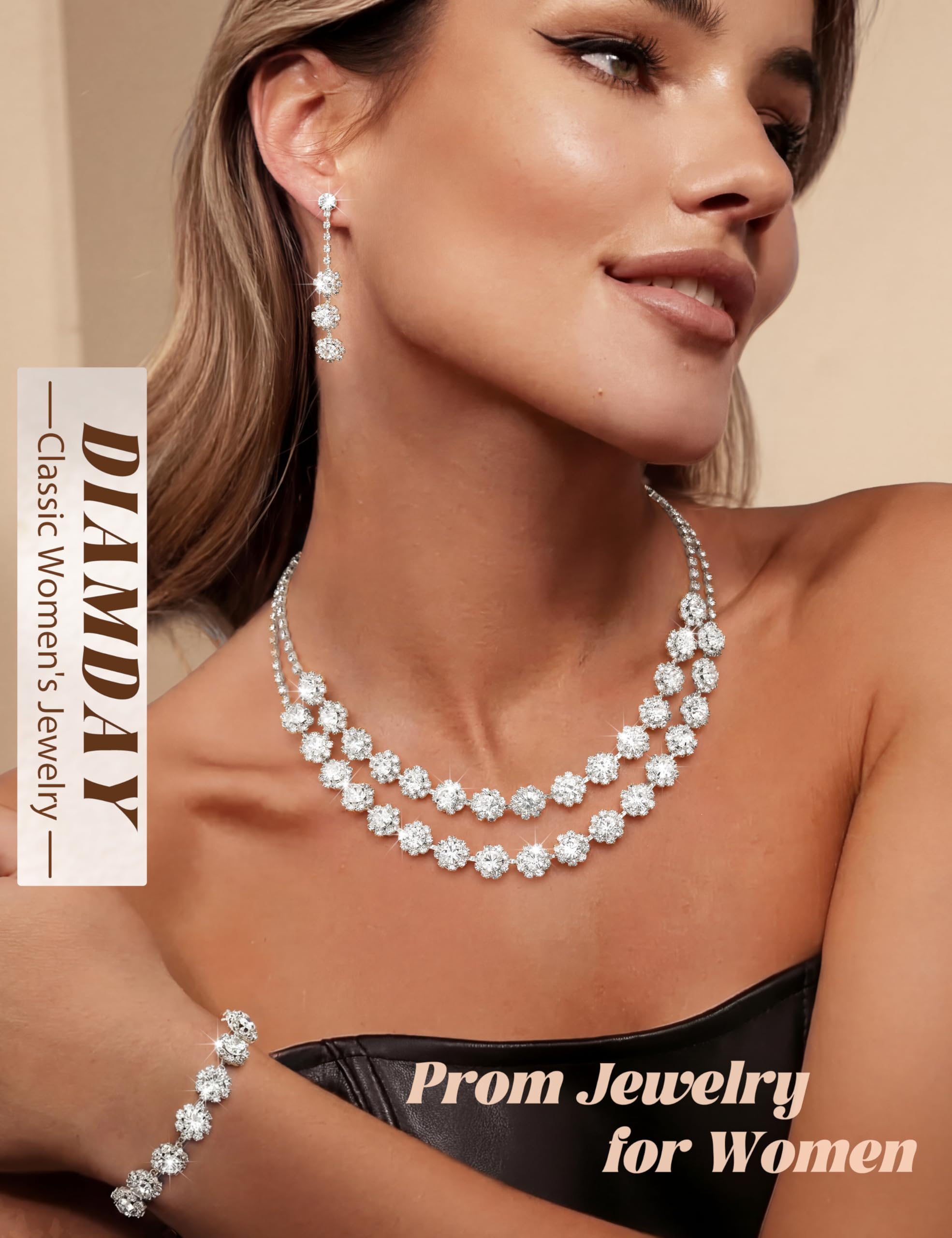 Diamday Brautschmuck Schmuck Set Damen Schmuckset Quasten Ohrringe Strass Mehrreihige Halsketten Link Armbänder Verstellbare Ringe Hochzeitsschmuck Sets für Bräute Prom Kostüm Zubehör
