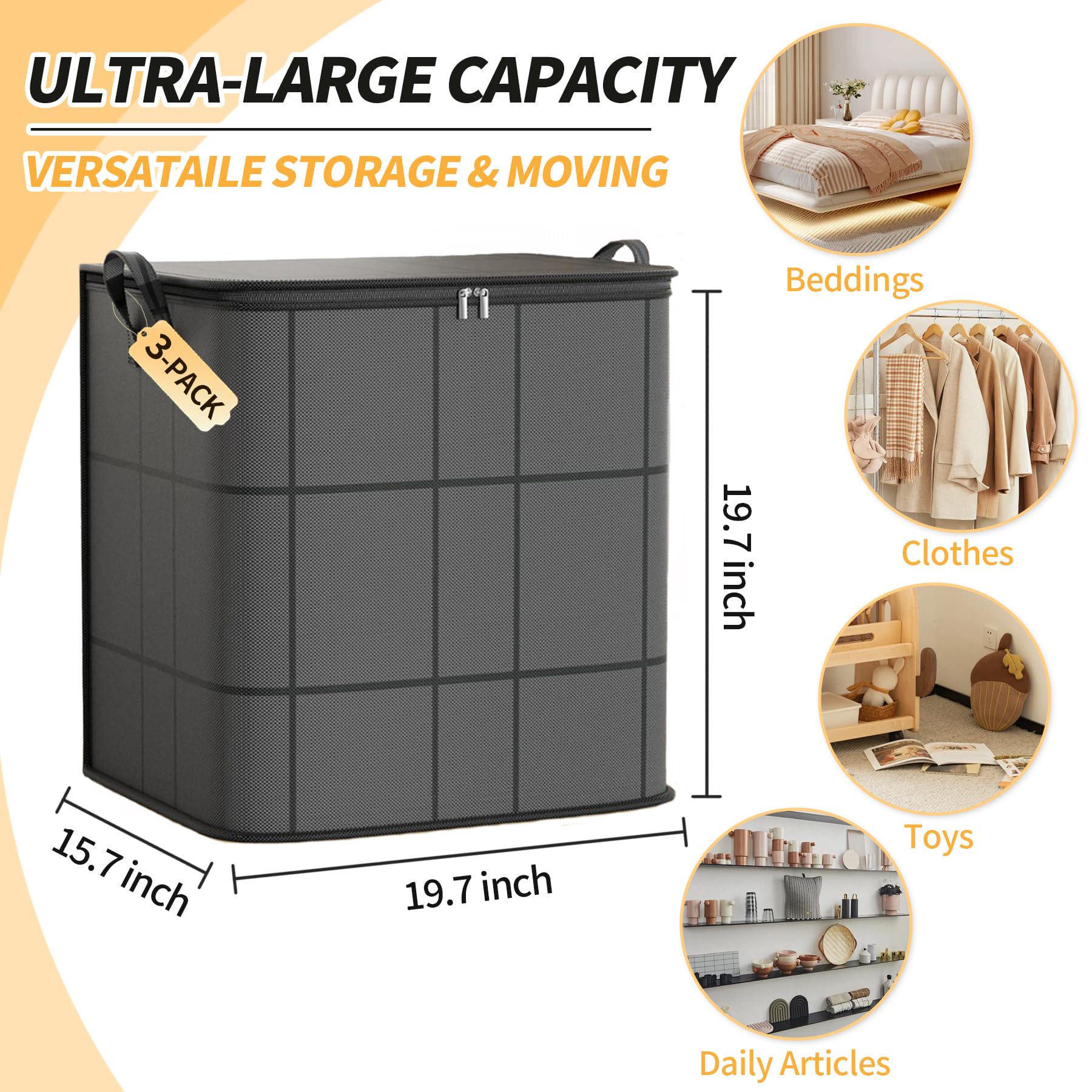 3 Pack 100 L Large Clothes Storage Bags, Closet Organizers Storage Containers, Collapsible Storage Bins with Reinforced Handles, Sturdy Zippers, for Clothing, Blanket, Comforters