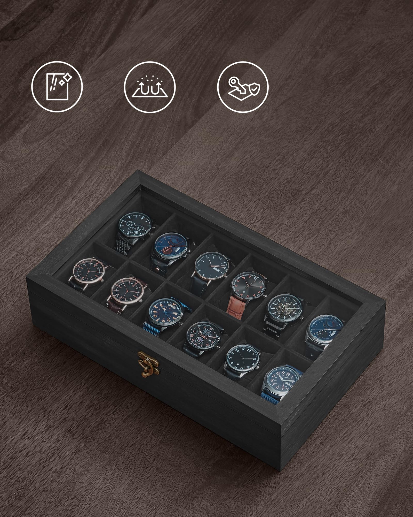 SONGMICS Boîte à montres avec 12 emplacements, en bois massif | Boîte de présentation, couvercle en verre, coussins amovibles, idée cadeau, encre noire, Collection ANICIA JOW120B02