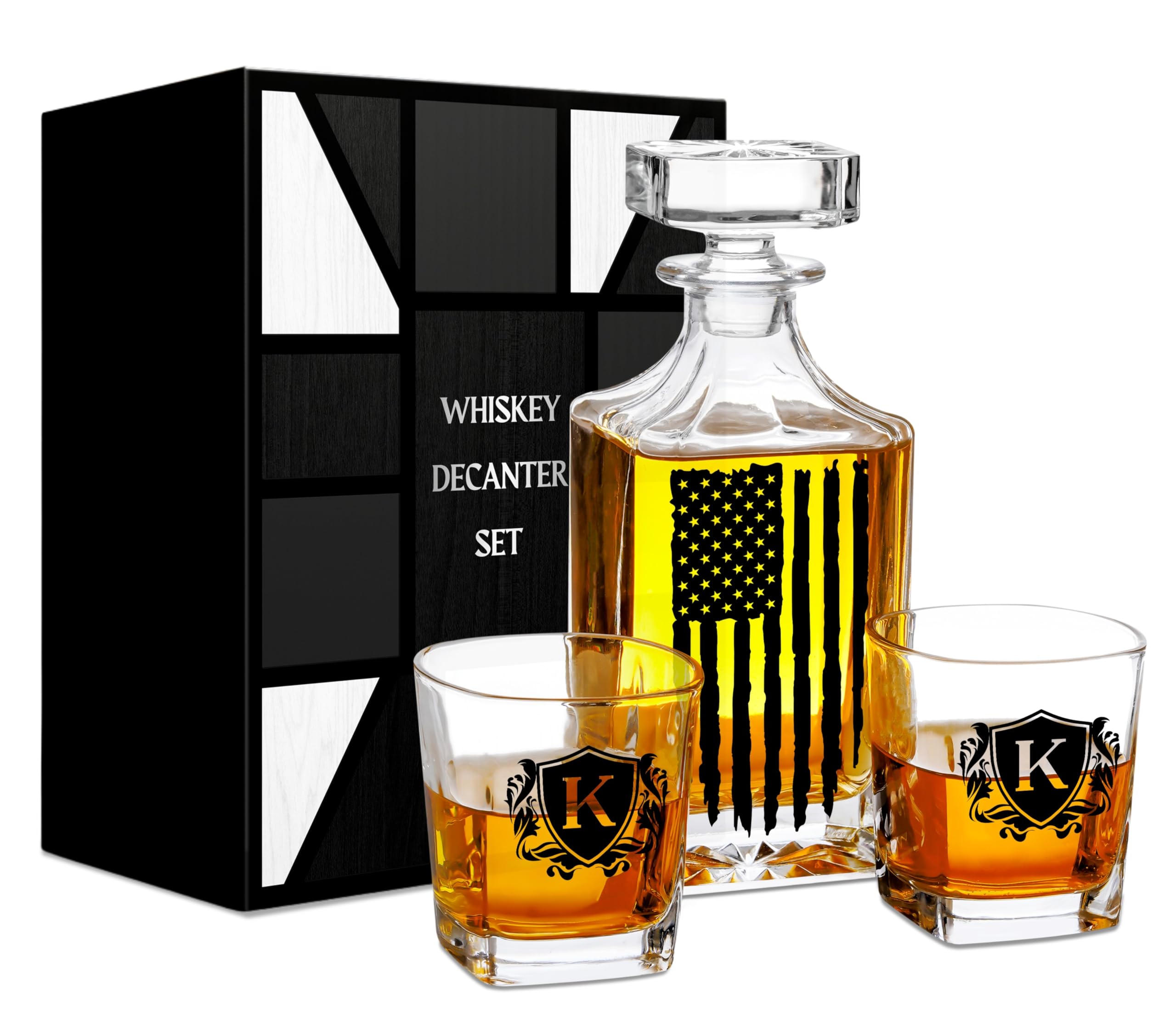 Onebttl American Flag Whiskey Decanter Set – 750ml Personalized Decanter with 2 Glasses, Gift for Men, Dad, Veteran – Birthday, Father's Day, Patriotic Gift, K
