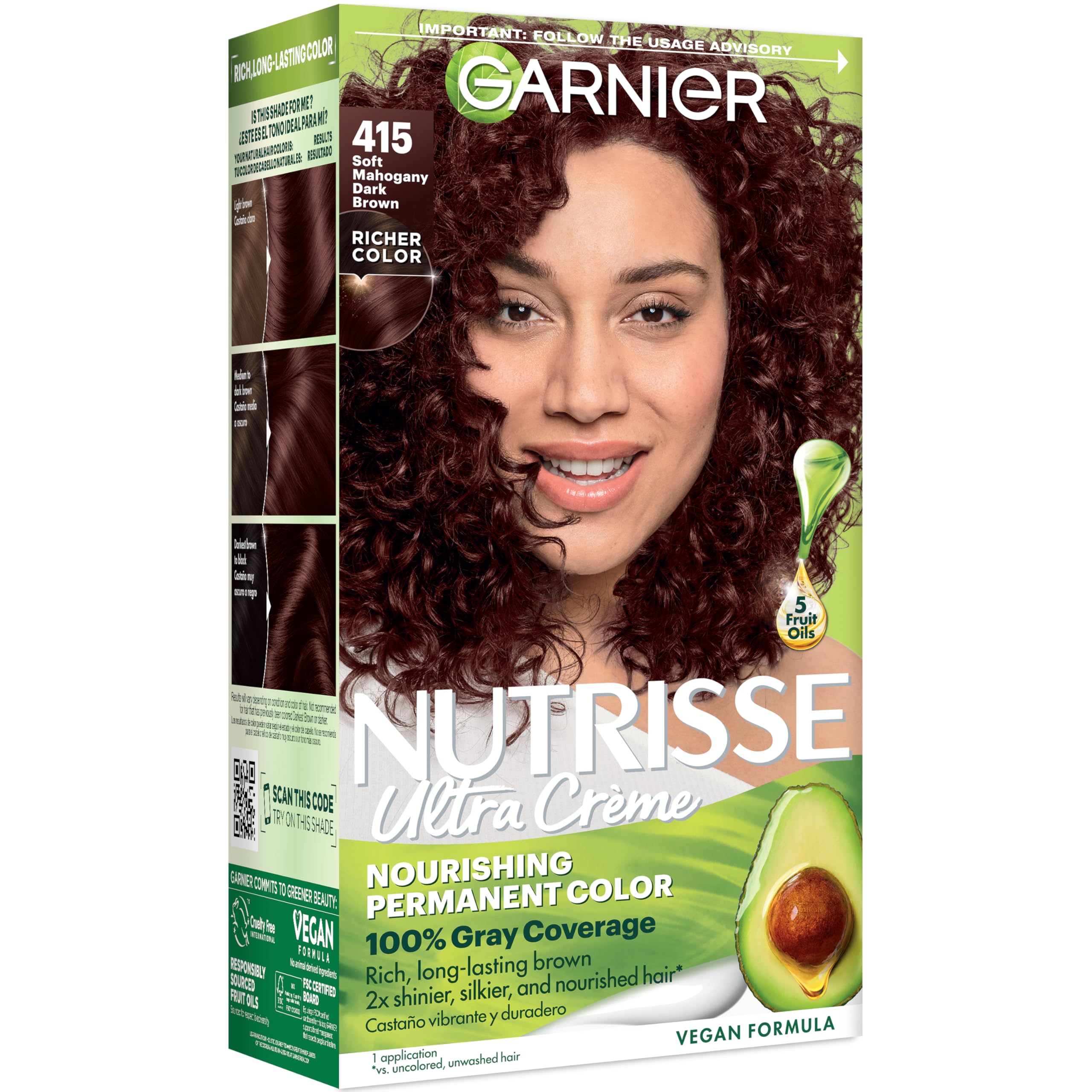 Garnier Nutrisse Ultra Crème Hair Color, Permanent Hair Dye with 100% Gray Coverage, Vegan & Cruelty-Free, 415 Soft Mahogany Dark Brown (Raspberry Truffle), 1 Count 415 Soft Mahogany Dark Brown 1 Count (Pack of 1)
