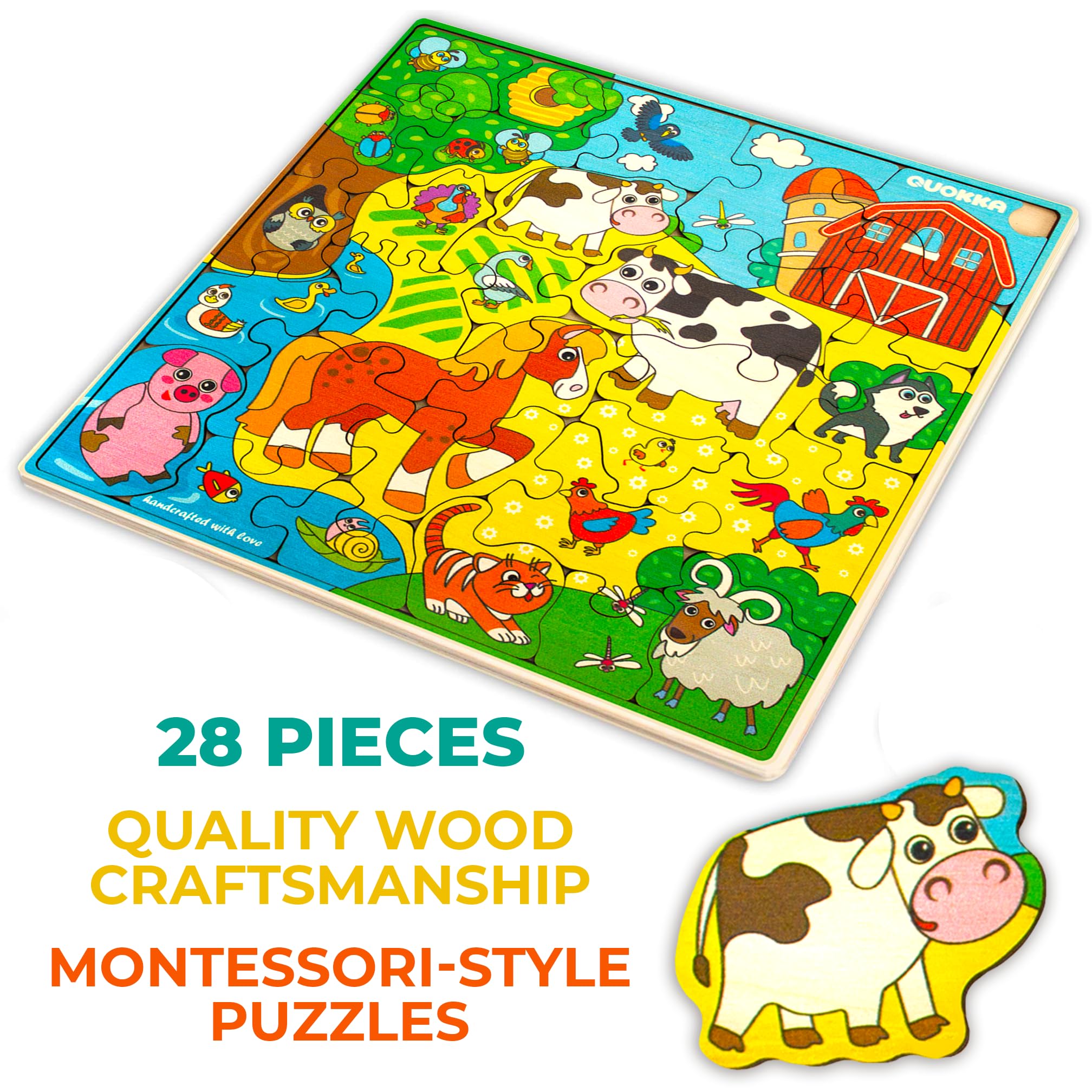QUOKKA Wooden Farm Puzzles for Kids Ages 3-5 - 28 Pieces Toddlers Kids Puzzles Ages 4-8 Year Olds - Wood Farm Toys for Children 6-8 yo - Image 3