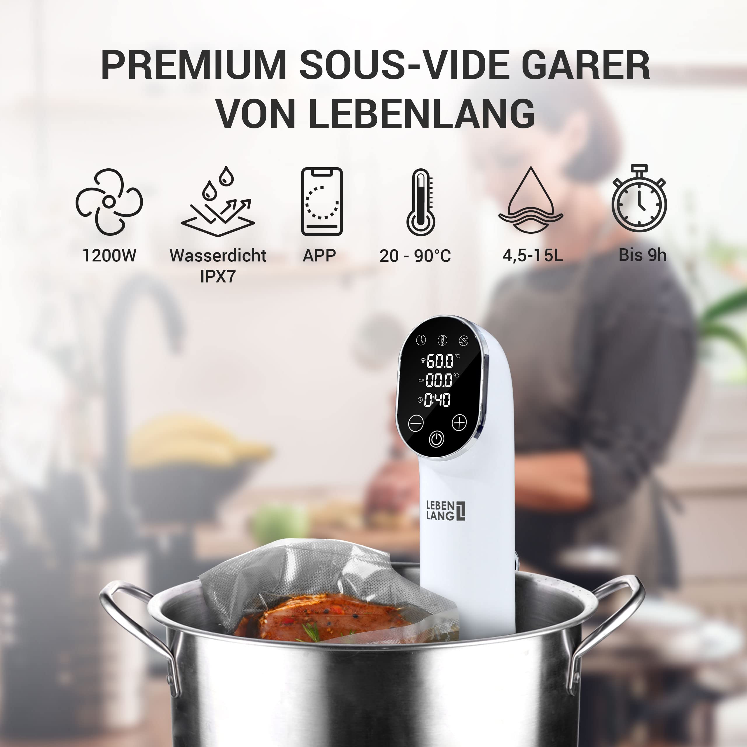 LEBENLANG 1200W Sous Vide Stick - Mit App-Steuerung I Edelstahl Su Vide Garen mit Timer für Fleisch Fisch Gemüse| Souvidestab Souse Garer | Susvide Sovit Souvidgarer Sou Vid Souc Vide Stab Stick