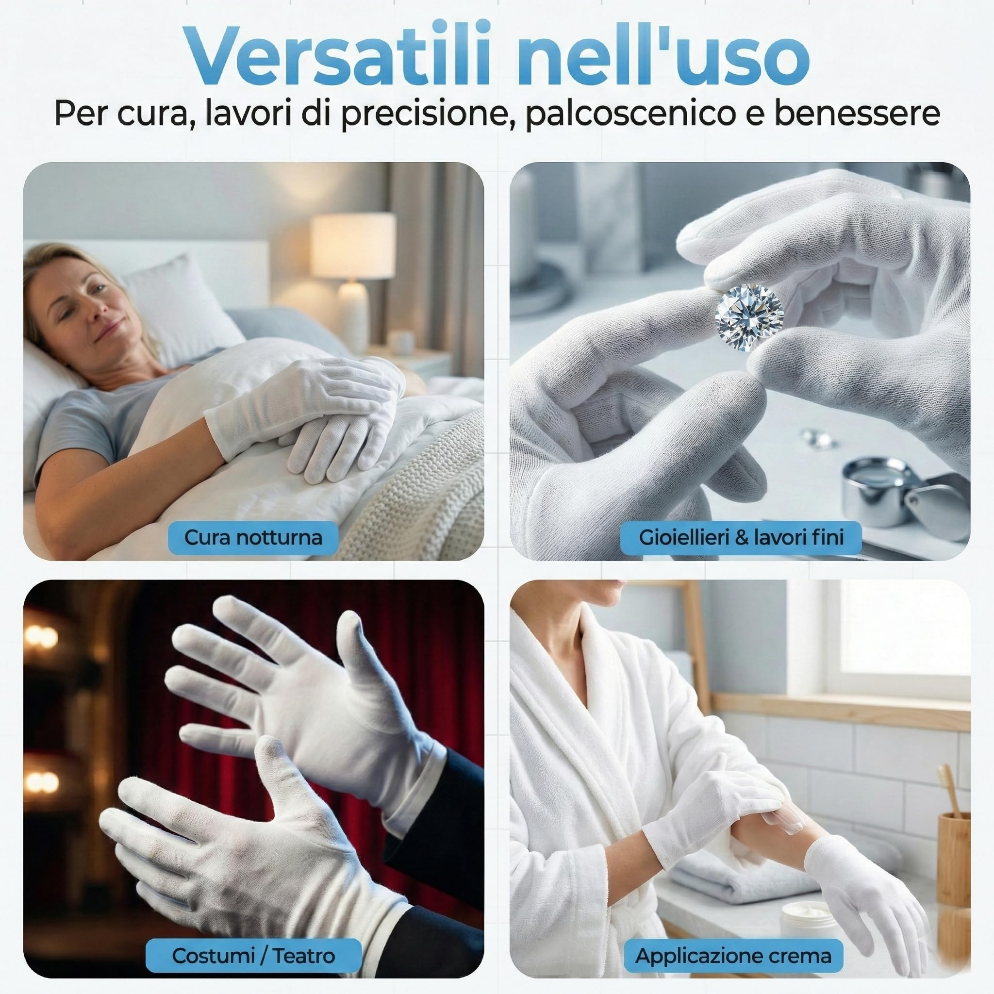 Guanti bianchi in 100% cotone morbido | guanti cosmetici per crema mani, spa, pelle secca | sottili, comodi, riutilizzabili | 3 paia M