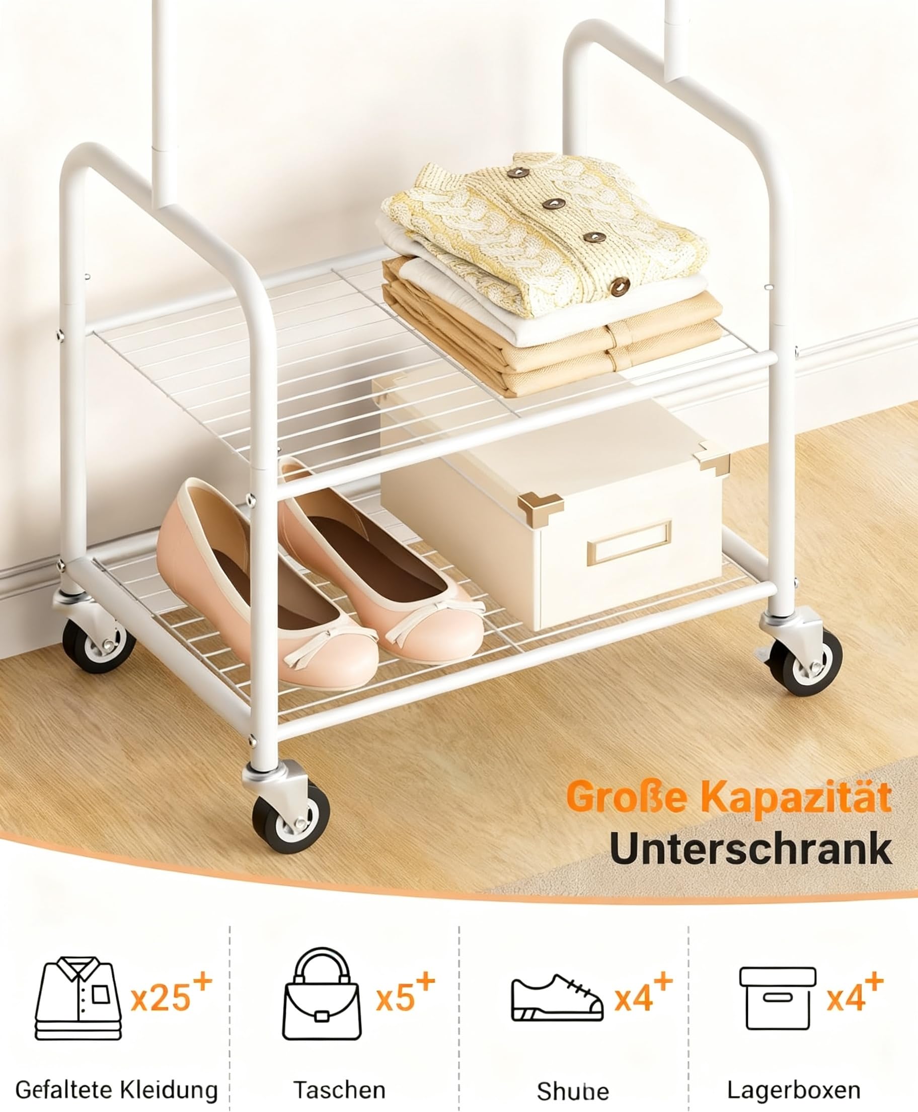 MISSLO Perchero pequeño con rejilla de almacenamiento, perchero estable con ruedas, de metal estrecho para ropa, zapatos, dormitorio, móvil, color blanco