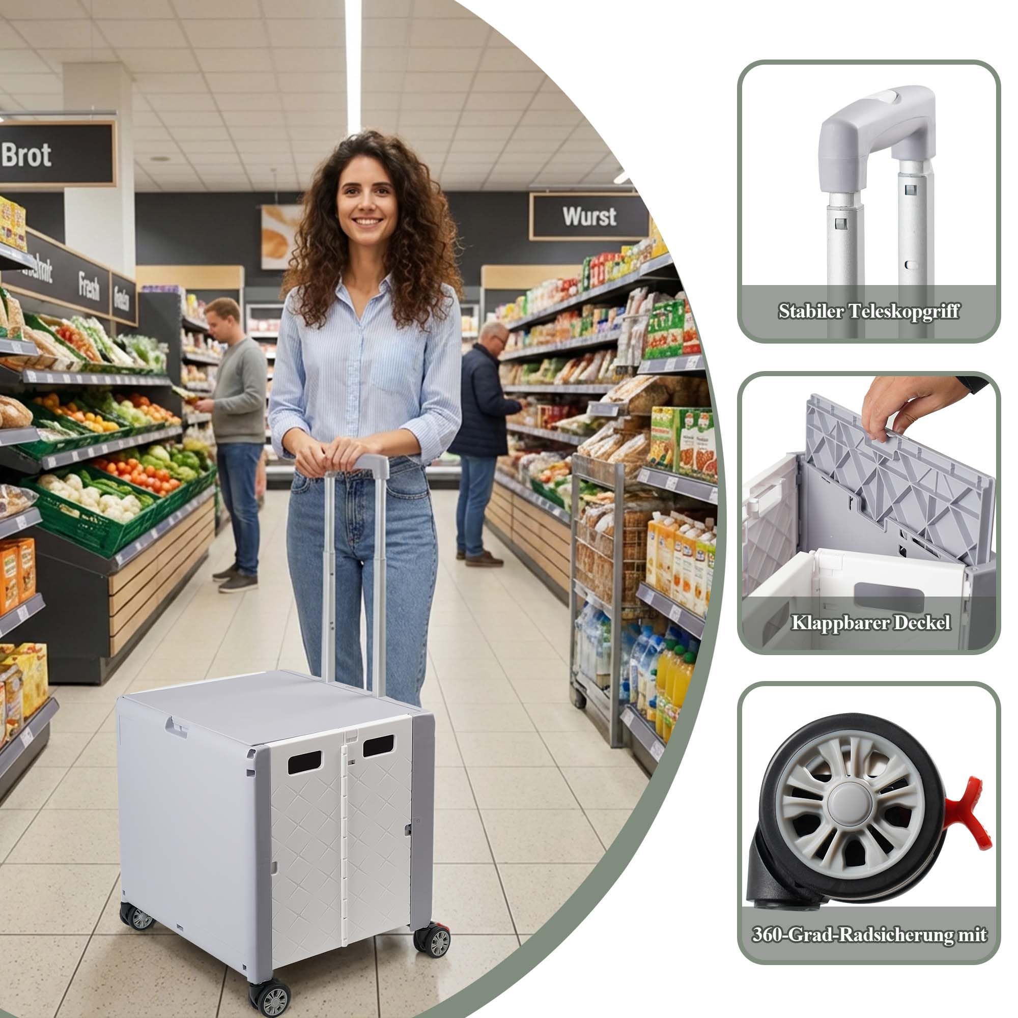 Einkaufstrolley mit Rollen Klappbar, Großer Einkaufswagen mit Deckel und Teleskopgriff, Multifunktionaler Klapptrolley für Einkäufe und Ausgänge, 4 um 360° Drehbare Rollen, bis 35 KG