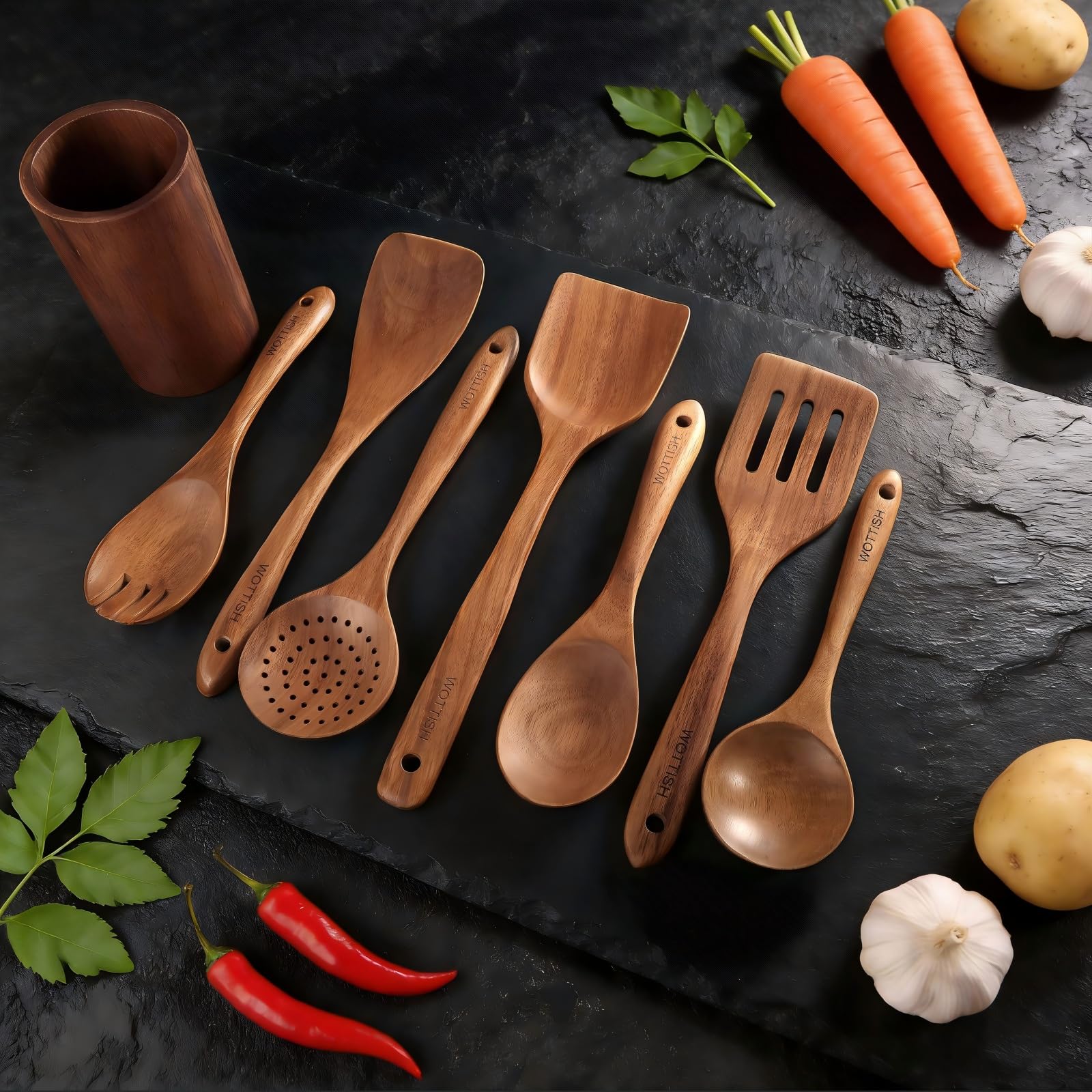 Holzlöffel zum Kochen – 8-teiliges Küchenhelfer-Set aus Holz mit natürlichem Massivholzmaterial – einschließlich Löffel, Spatel, Schöpflöffel, Salatgabel, Rührlöffel und Utensilienhalter (A08)