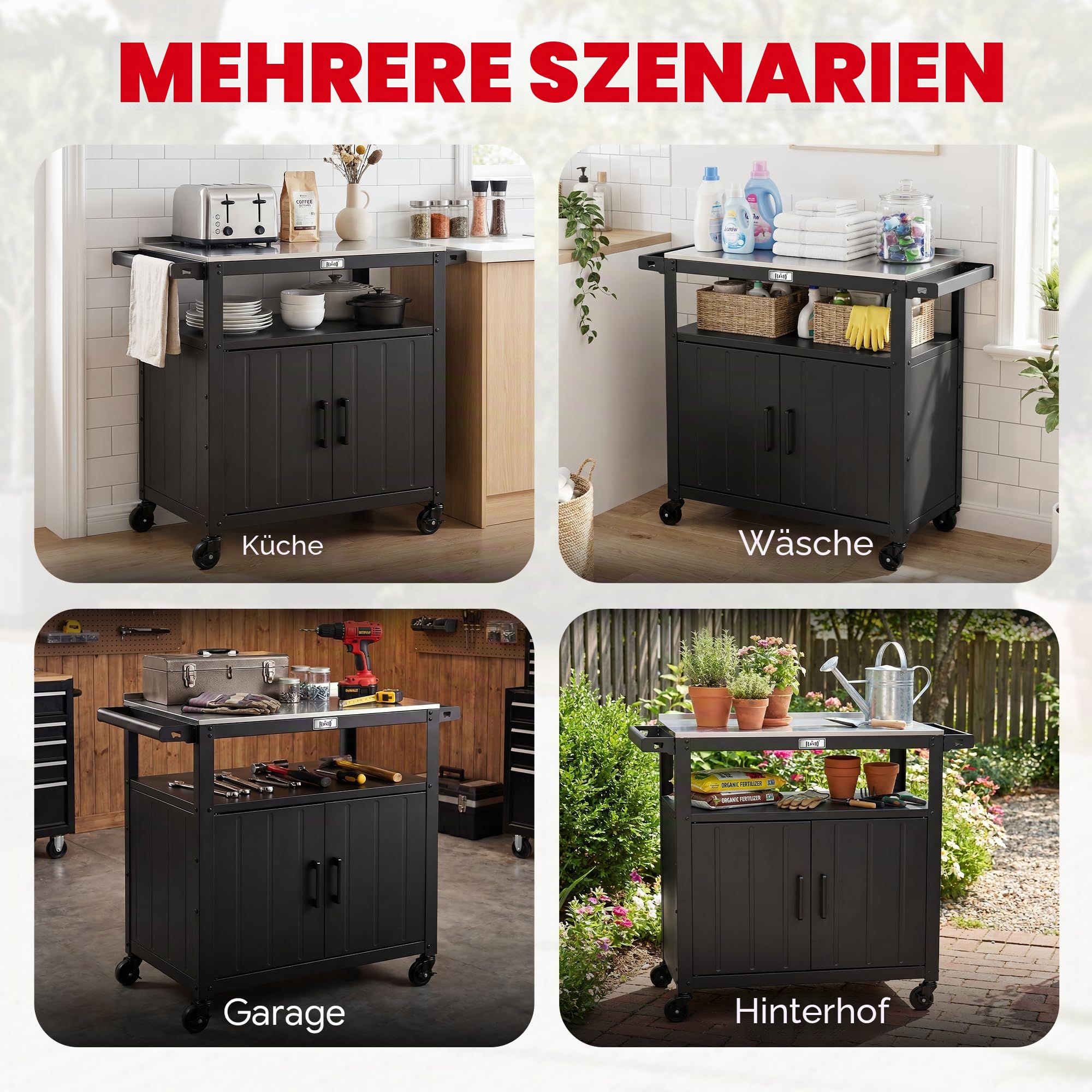 Outdoor-Grillwagen mit Edelstahl-Tischplatte und Aufbewahrungsschrank, bewegliche Kücheninsel mit Rädern für BBQ-Lebensmittelzubereitung, Schwarz | Bewegliche Kücheninsel mit Rädern, BBQ Food Prep