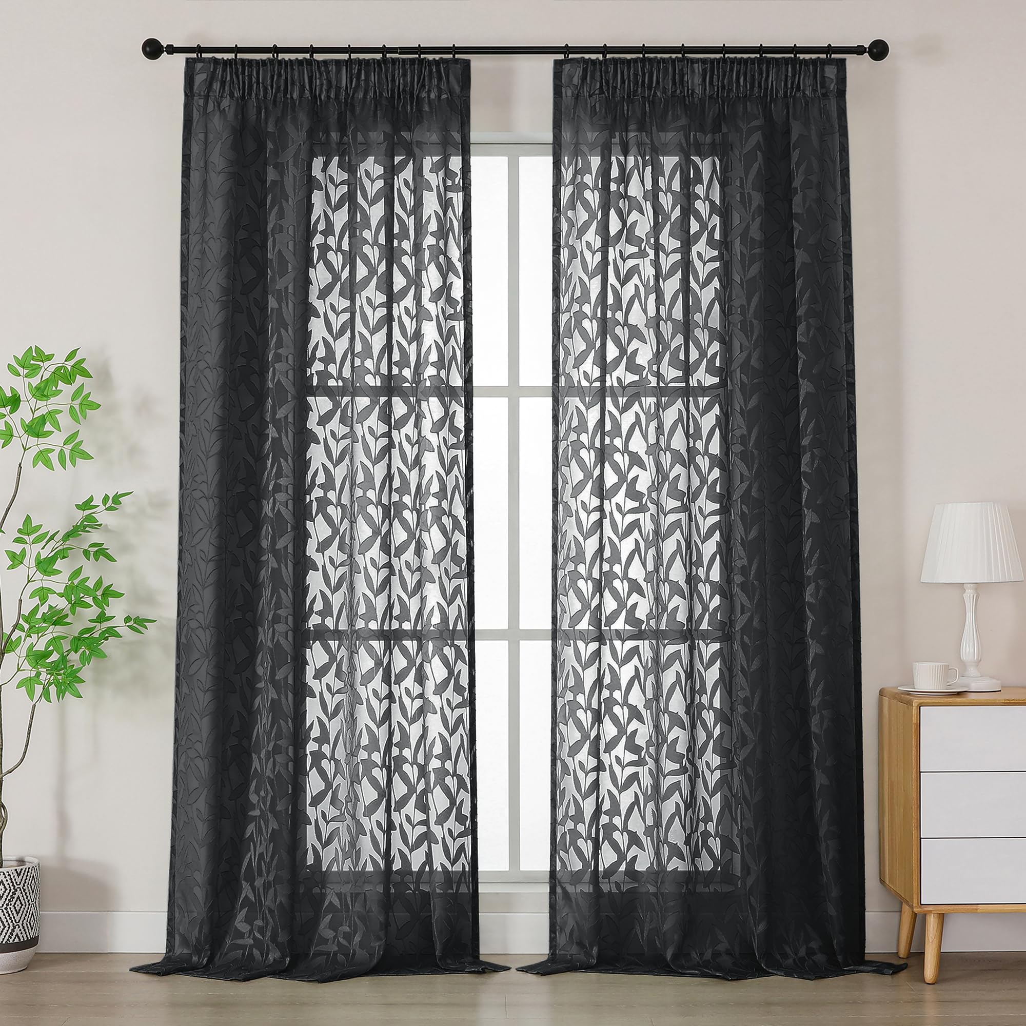 Simplebrand Black Textured Sheer Curtains 2 Panels W140 x L229cm, Leaf Clip Jacquard Voile Curtains, Pencil Pleat Semi-Sheer Window Drapes for French Doors Balcony Home Decor