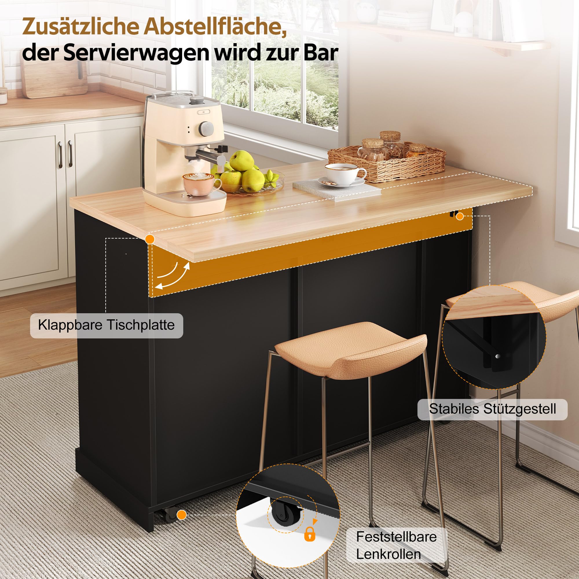 Merax Kücheninsel auf Rollen mit klappbarer Arbeitsplatte,Küchenwagen mit verstecktem Müllschrank,4-stufigem Gewürzregal,2 Schubladen,feststellbaren Rollen,Mobile Kücheninsel120x45(70) x93 cm/Schwarz