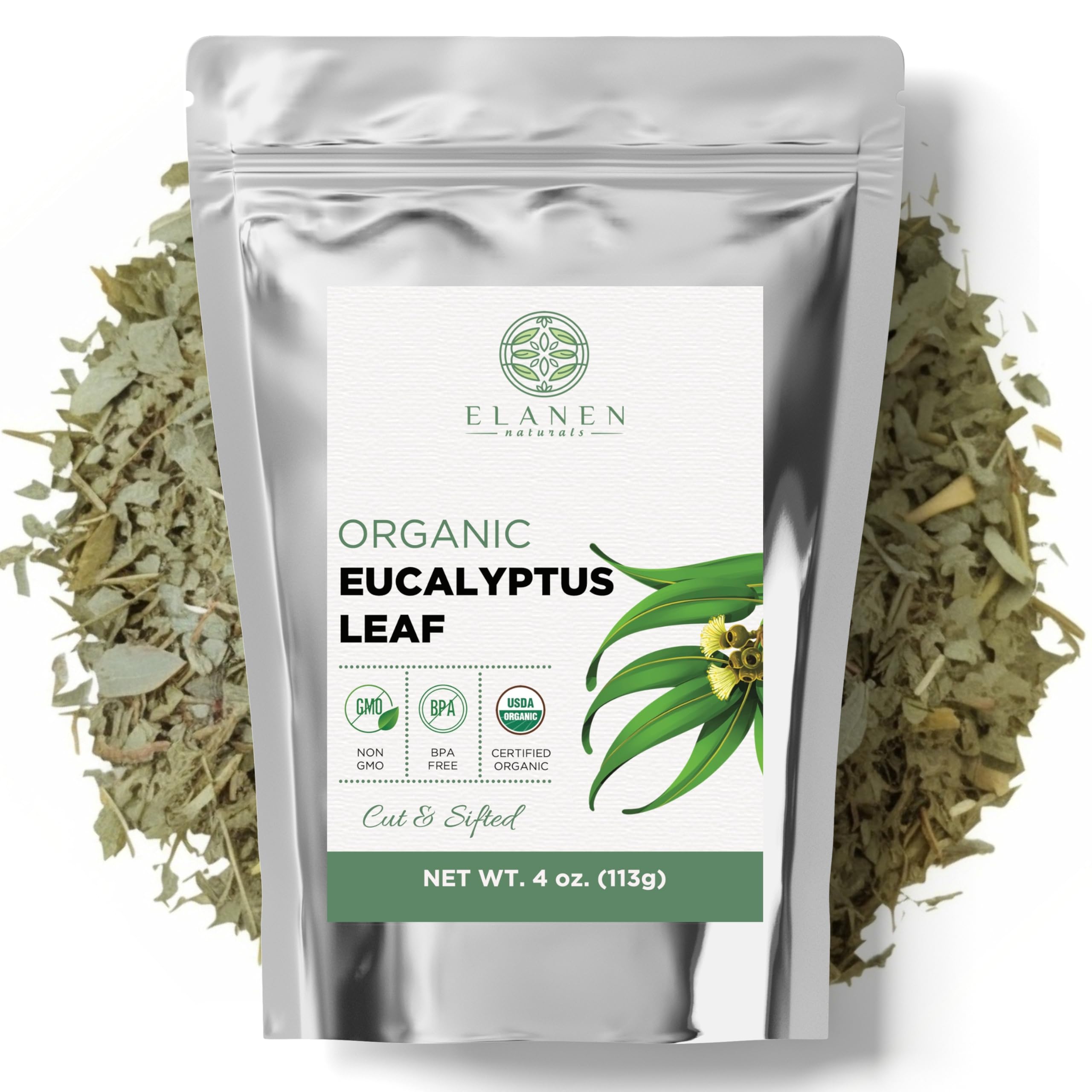 Elanen Naturals Organic Eucalyptus Leaf Tea 4 oz. (113g), USDA Organic, Eucalipto Hojas Naturales, Leaves, Te De Eucalipto, Eaucalyptus, Calyptus, Cut & Sifted